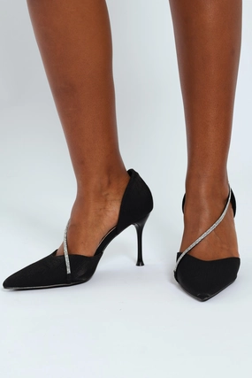 Suede Stylish Footwear Pointy Open Waist Court Heel With Diamante Strap - Black