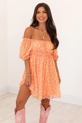 Golden Hour Gulf Orange Floral Dress FINAL SALE Light Fall Midi-Length