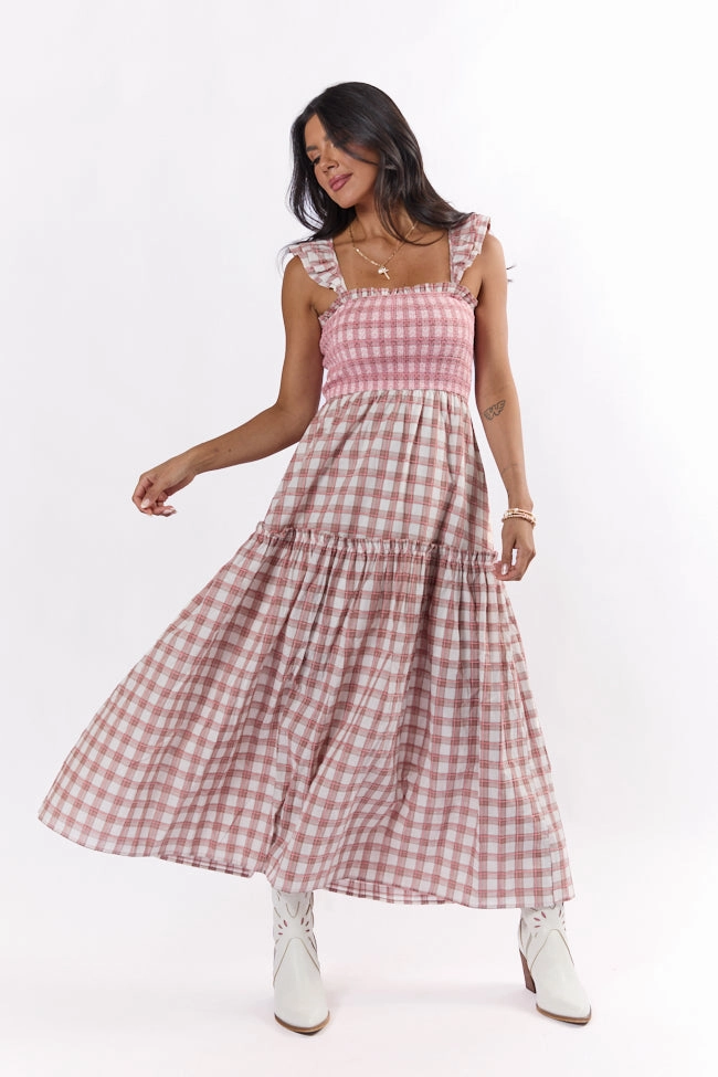 Checked Treasures Pink and Brown Plaid Tiered Midi Dress SALE Fall Go