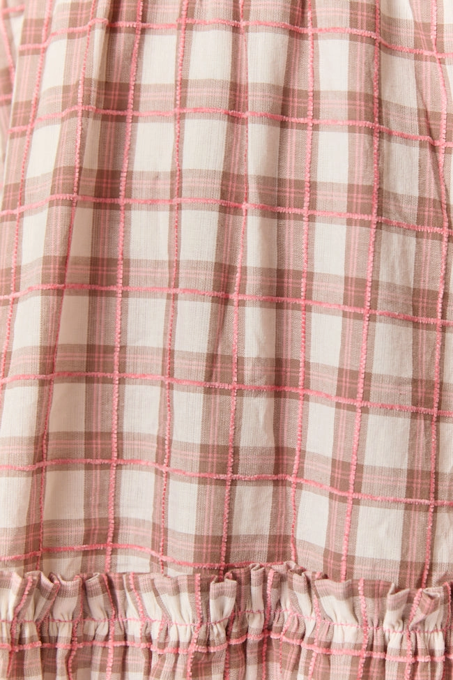 Neutral palette Checked Treasures Pink and Brown Plaid Tiered Midi Dress SALE