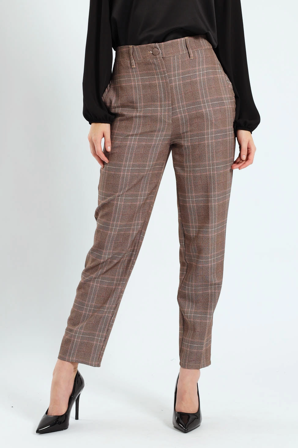 Tartan Check Tapered Leg Pants - Brown On The Move