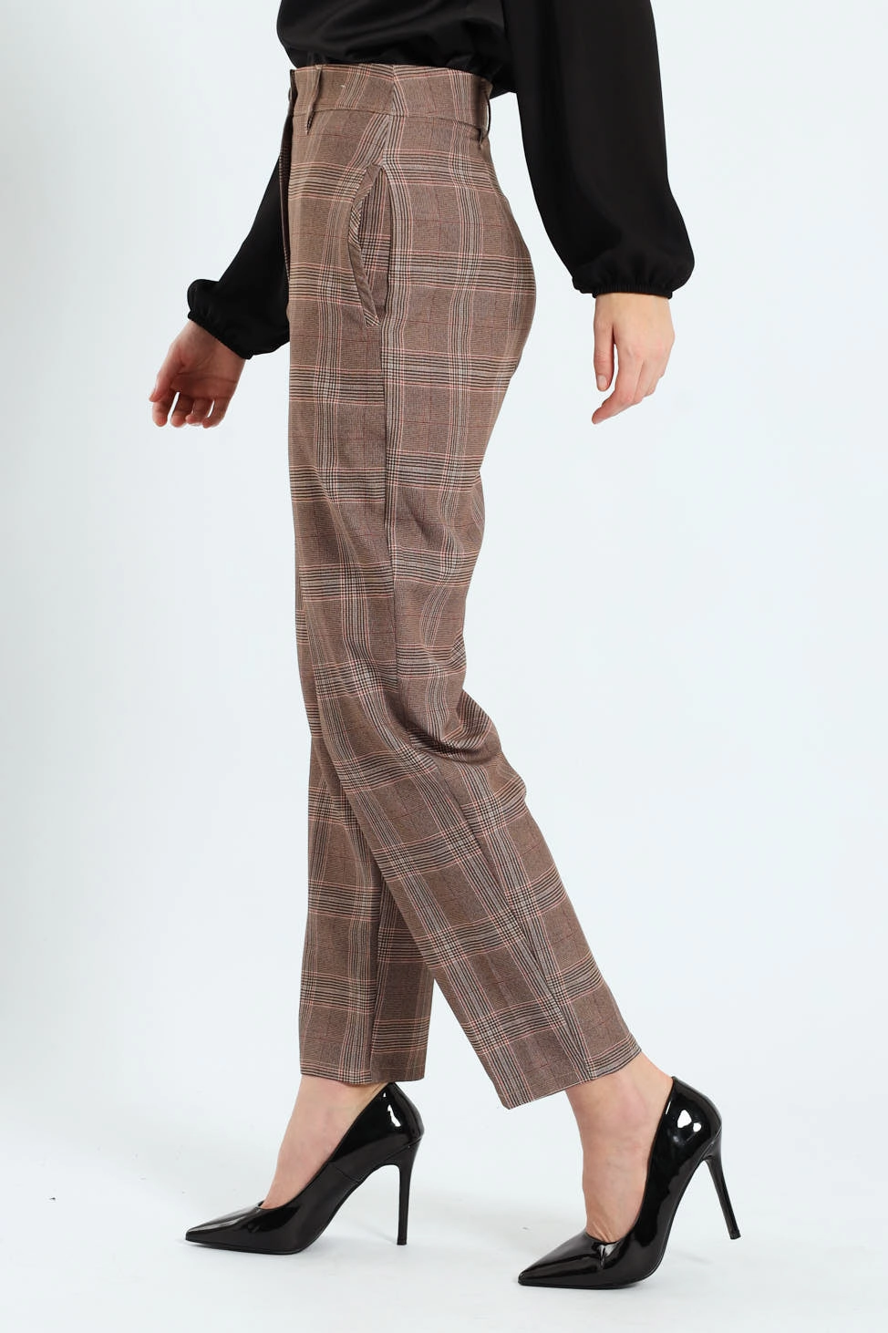Tartan Check Tapered Leg Pants - Brown Freedom Move Air Flow