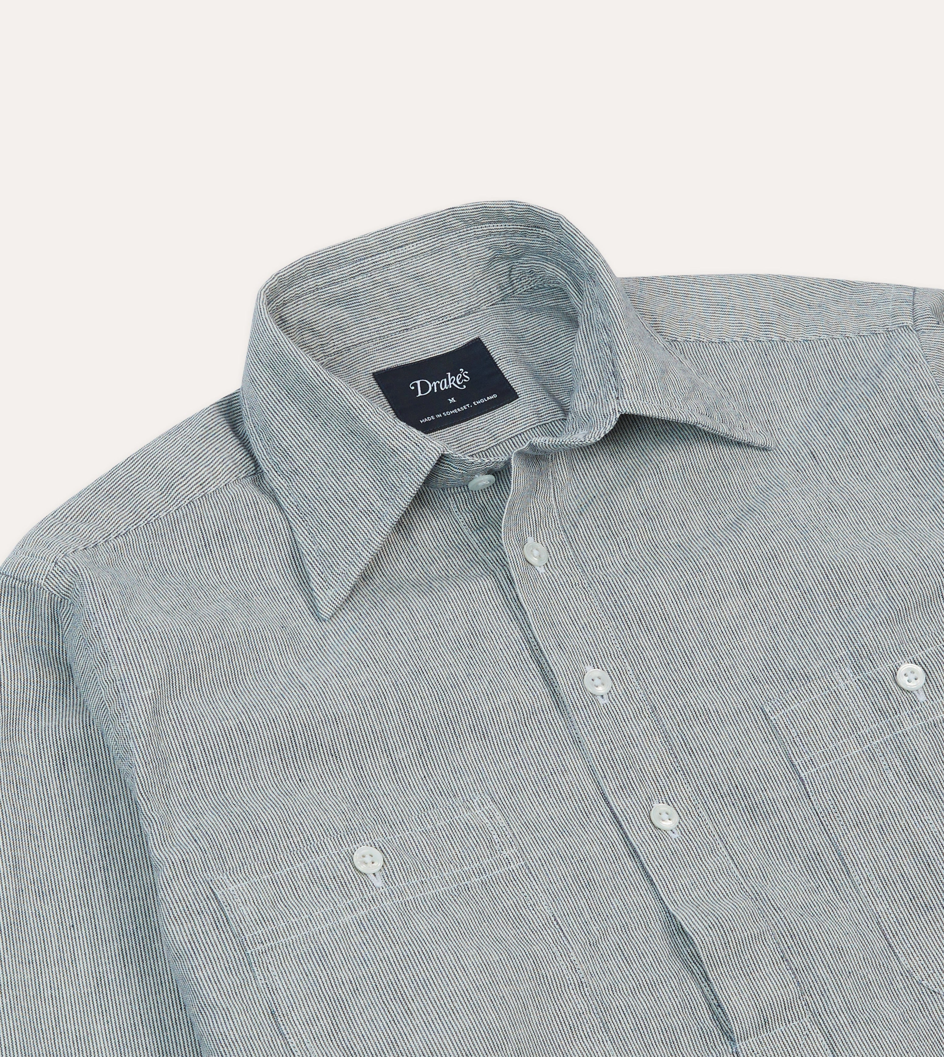 Vintage Style Blue Hickory Stripe Cotton Long Point Collar Popover Shirt