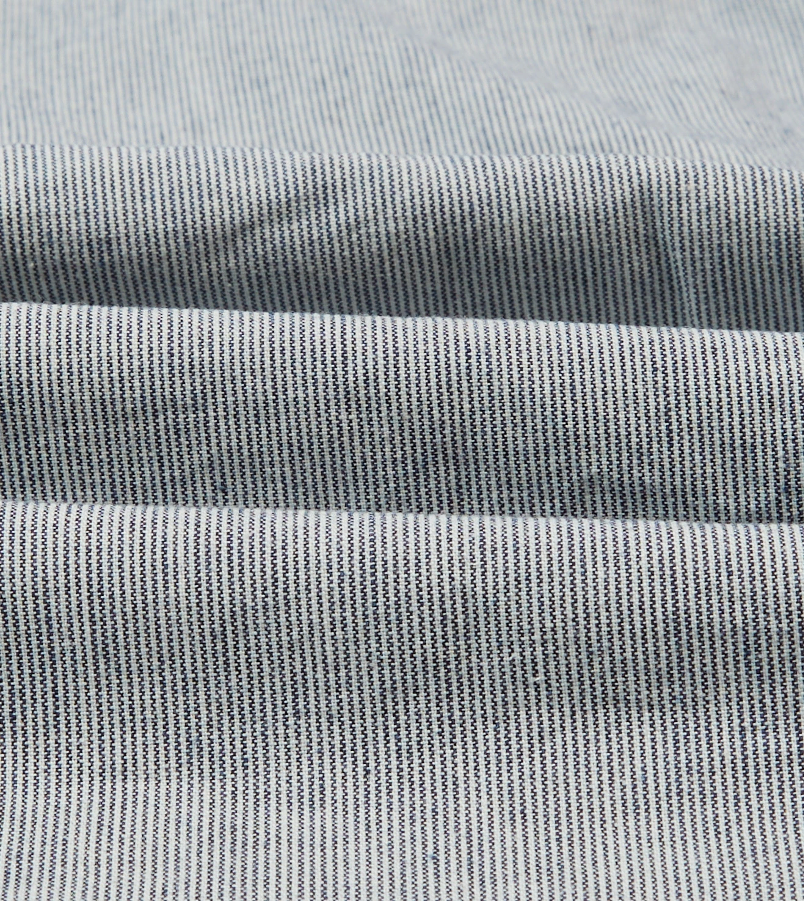 Blue Hickory Stripe Cotton Long Point Collar Popover Shirt Asymmetrical Cut V-neck style