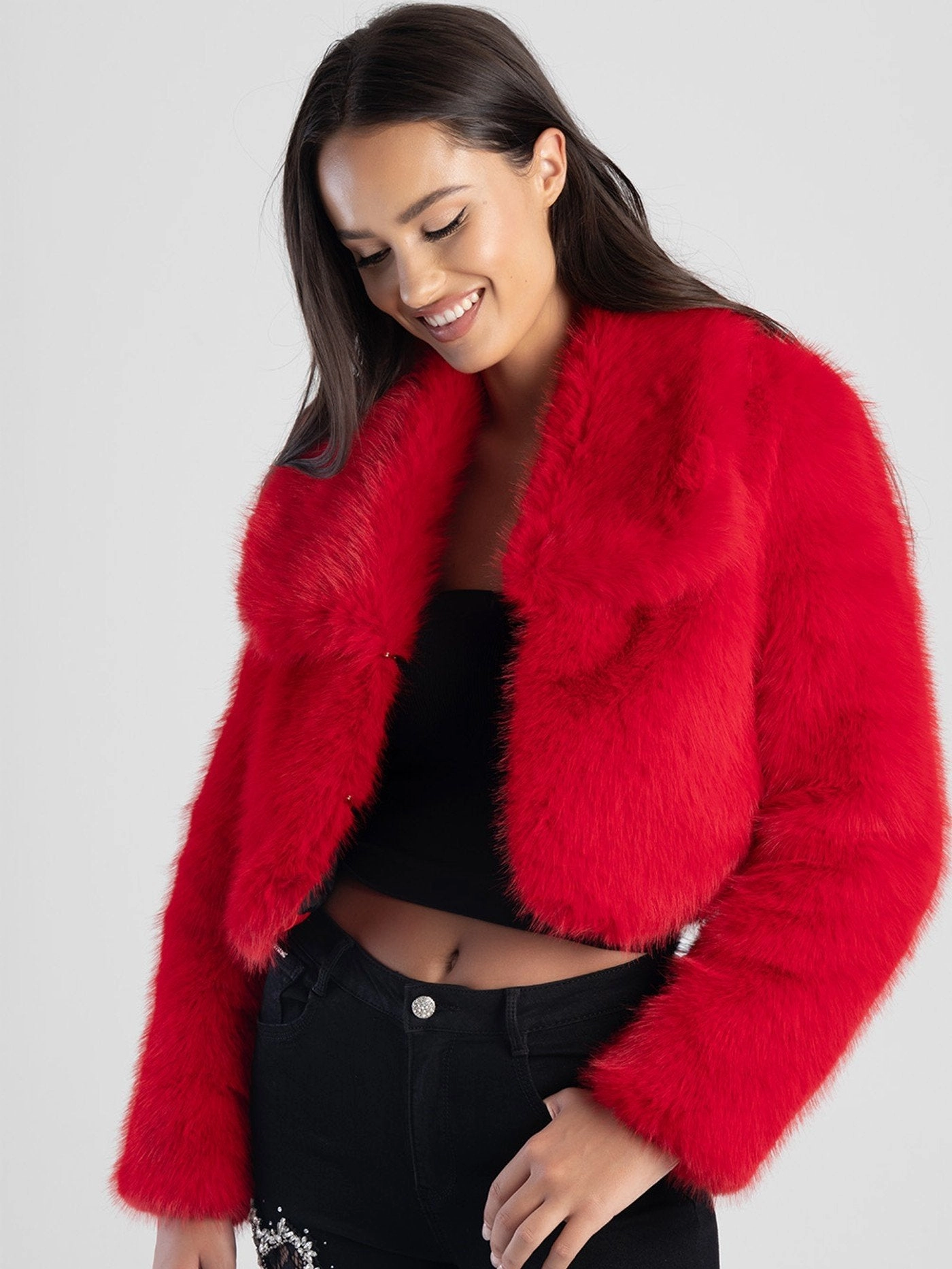 Full Fur Bolero Jacket - Red Non Bulky Profile Matte Fabric