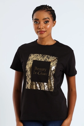 AdjustableNeckline Office Wear Beauty In Chaos Abstract Frame Foil Tee - Black