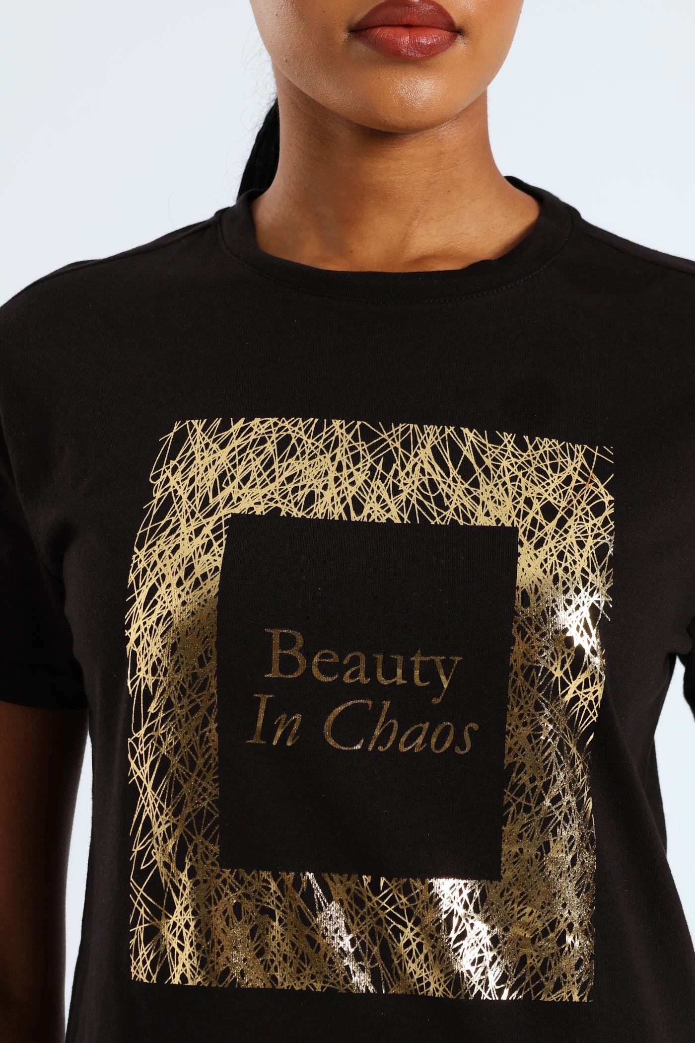 Beauty In Chaos Abstract Frame Foil Tee - Black Sporty Blouse
