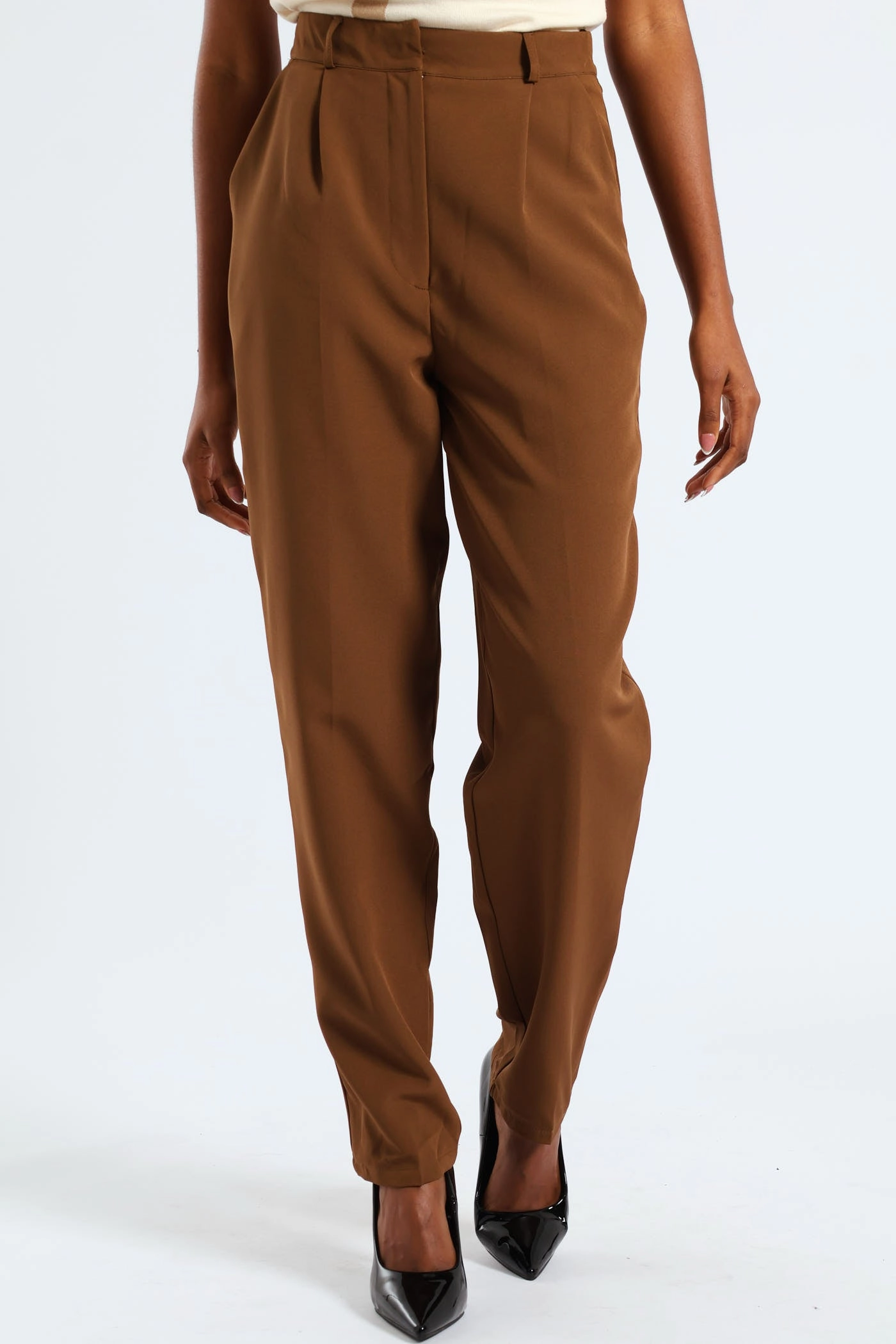 Concealed Button Barrel Leg Pants - Brown Layer Friendly