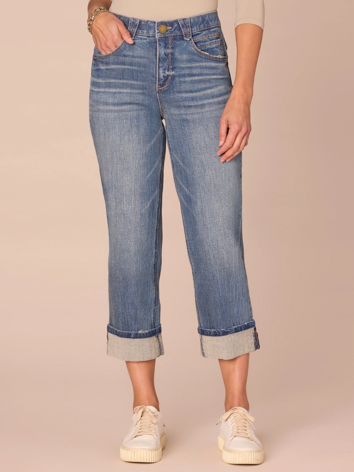 Recycled Cotton Blend Urban Explorer Picnic Style "Ab"solution? High Rise Round Up Roll Cuff Petite Boyfriend Jeans