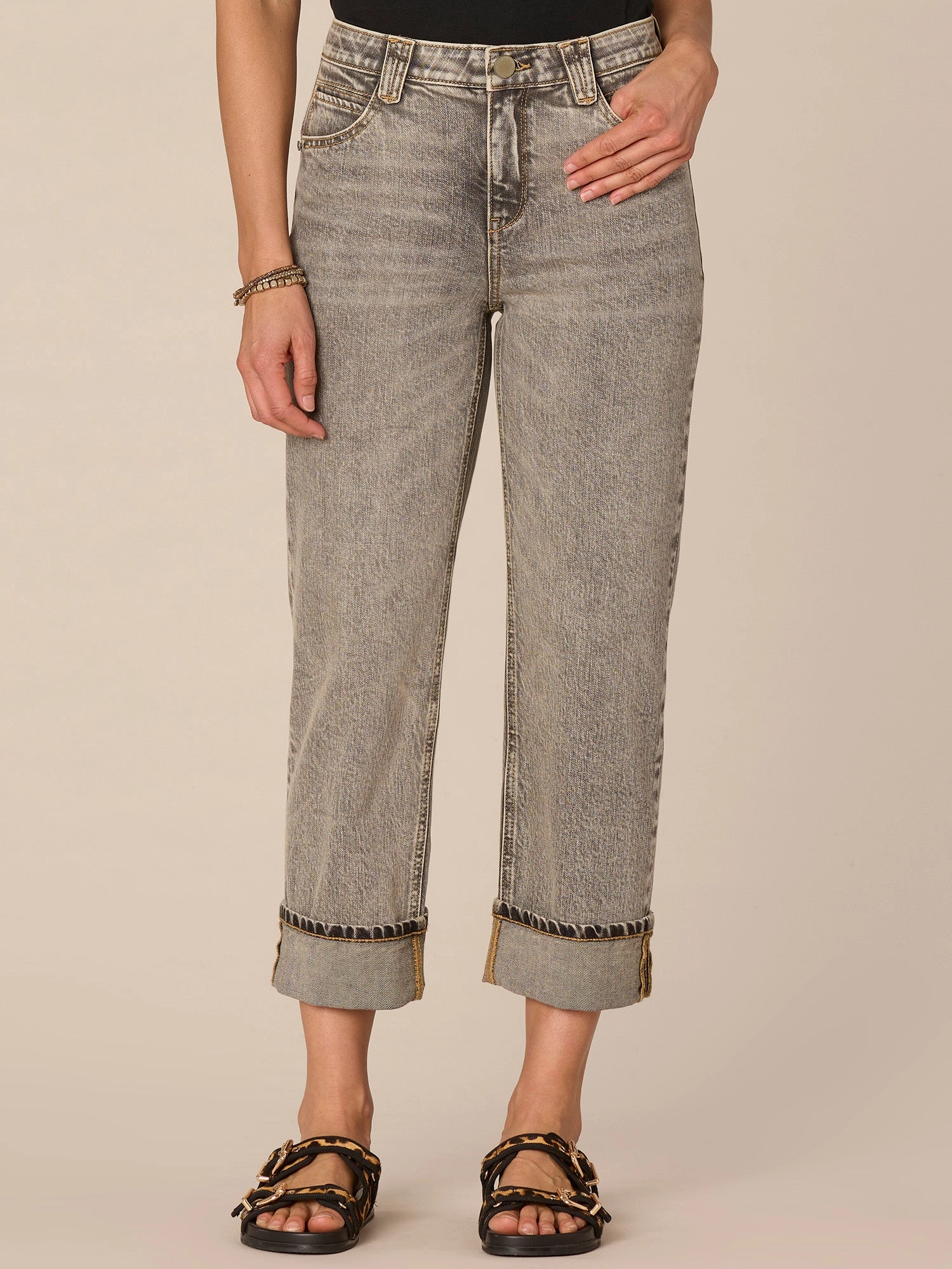 Weekend Style Stretch Bold Look "Ab"solution High Rise Round Up Boyfriend Jeans with Cropped Cuff Hem