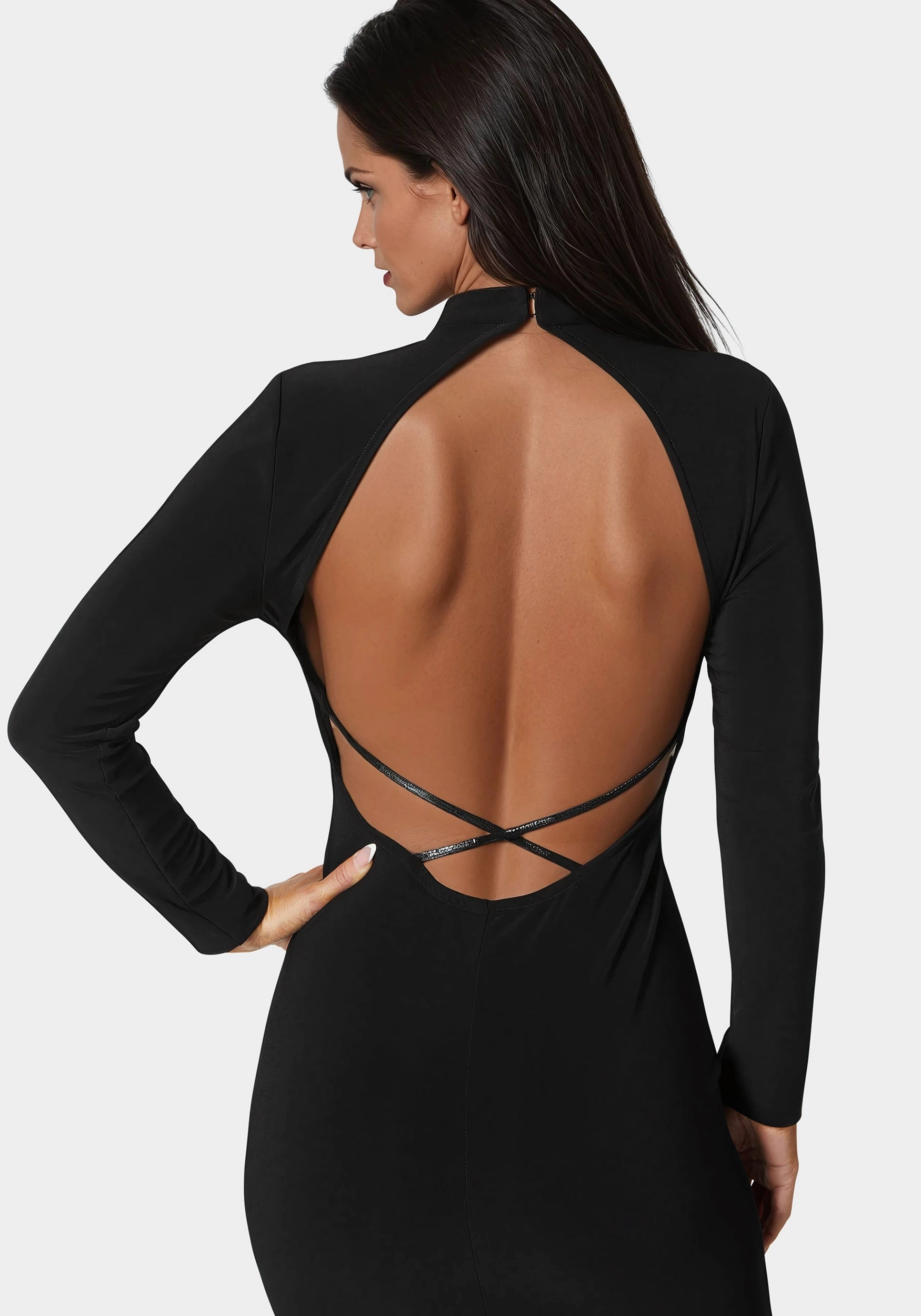 Evening Tone Bold Structure Low Back Mock Neck Long Sleeve Midi Dress