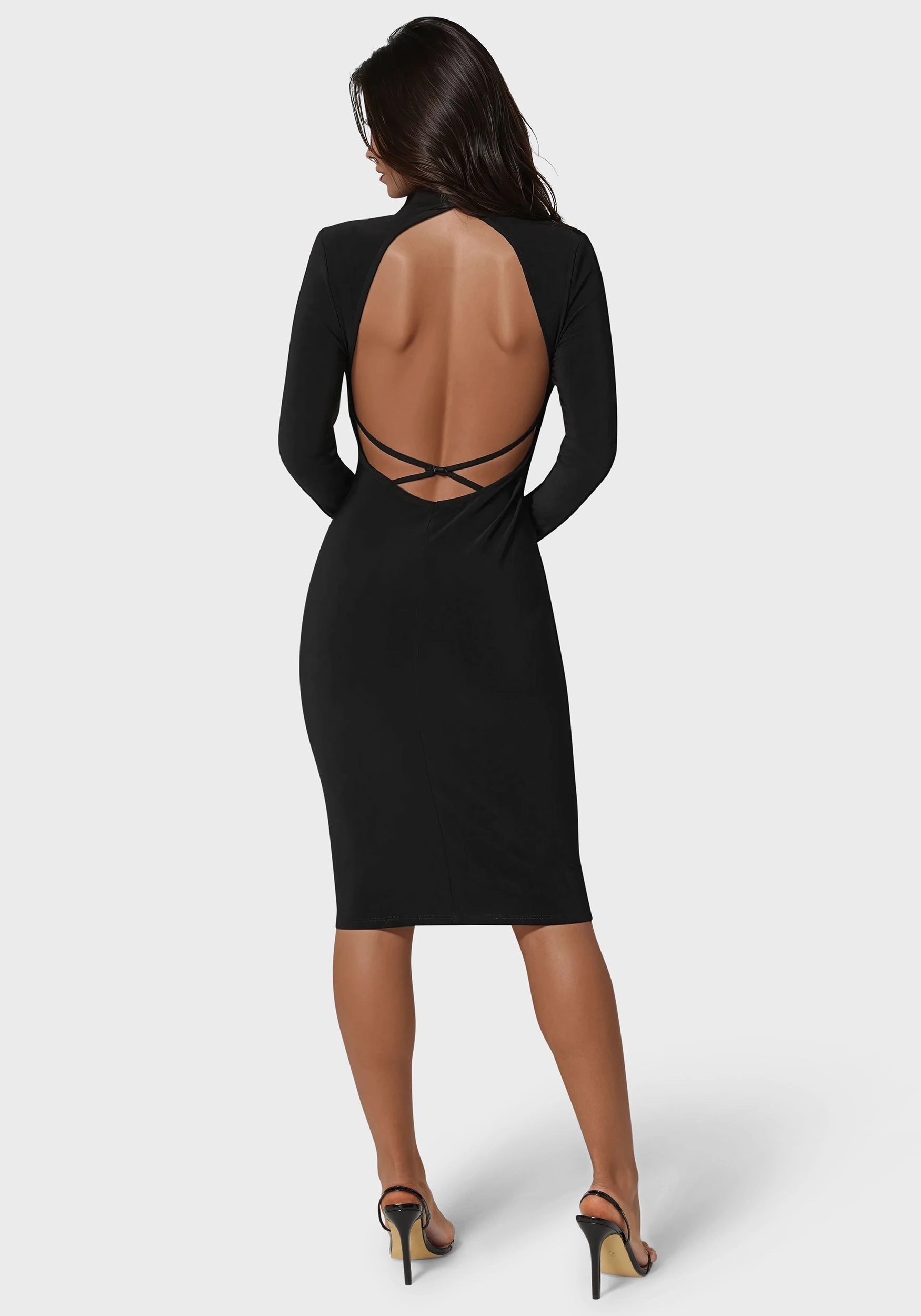 Gift-Worthy Low Back Mock Neck Long Sleeve Midi Dress