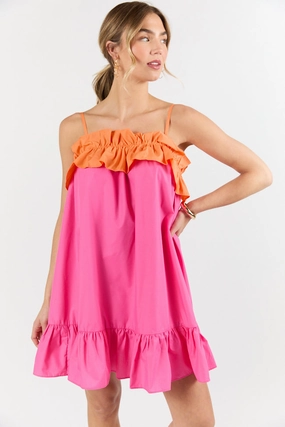 Profile Enhancer Flowy Layers Quick Updates Pink and Orange Ruffle Detail Two Tone Mini Dress FINAL SALE