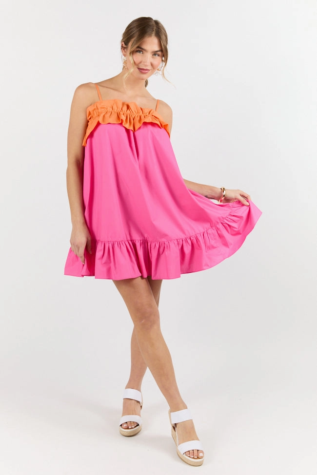 Scoop-Neck Quick Updates Pink and Orange Ruffle Detail Two Tone Mini Dress FINAL SALE