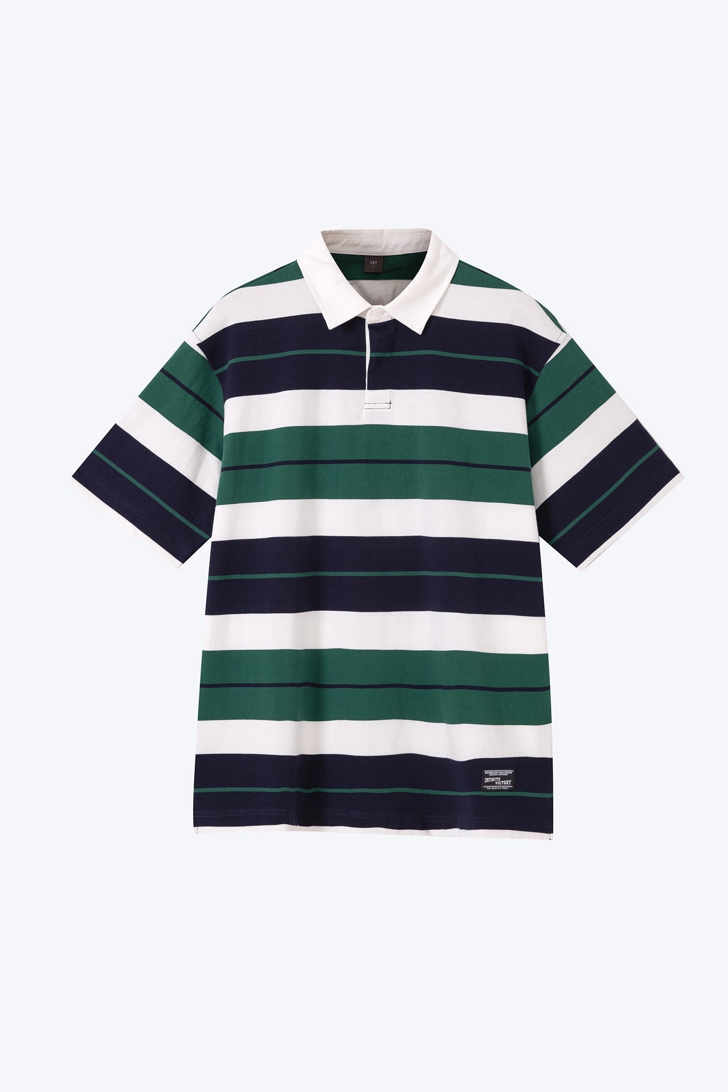 Contrast Striped Rugby Polo Tee - Navy/Green Stripes Ultra Soft Handfeel