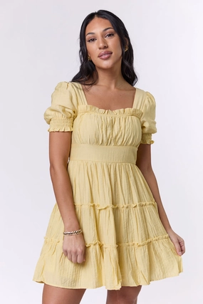 Polished Mood Relax Feel Easily Loved Yellow Babydoll Short Sleeve Mini Dress FINAL SALE