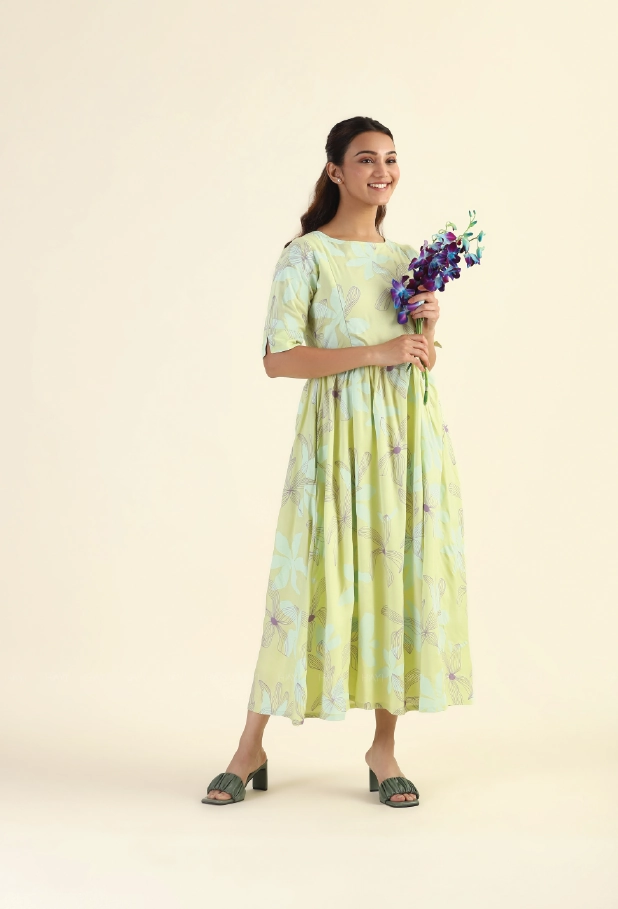 Floral Mosaic Green printed Maternity and Feeding dress Smooth Motion