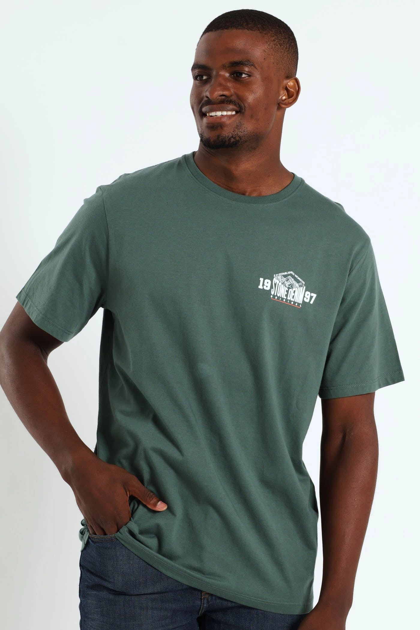 Trendy Comfort Fit Seasonal Trend Mt Stone Front & Back Print Tee - Fatigue