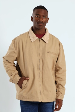AntiStatic Inner Layer Polished Look Corduroy Collar Worker Jacket - Taupe