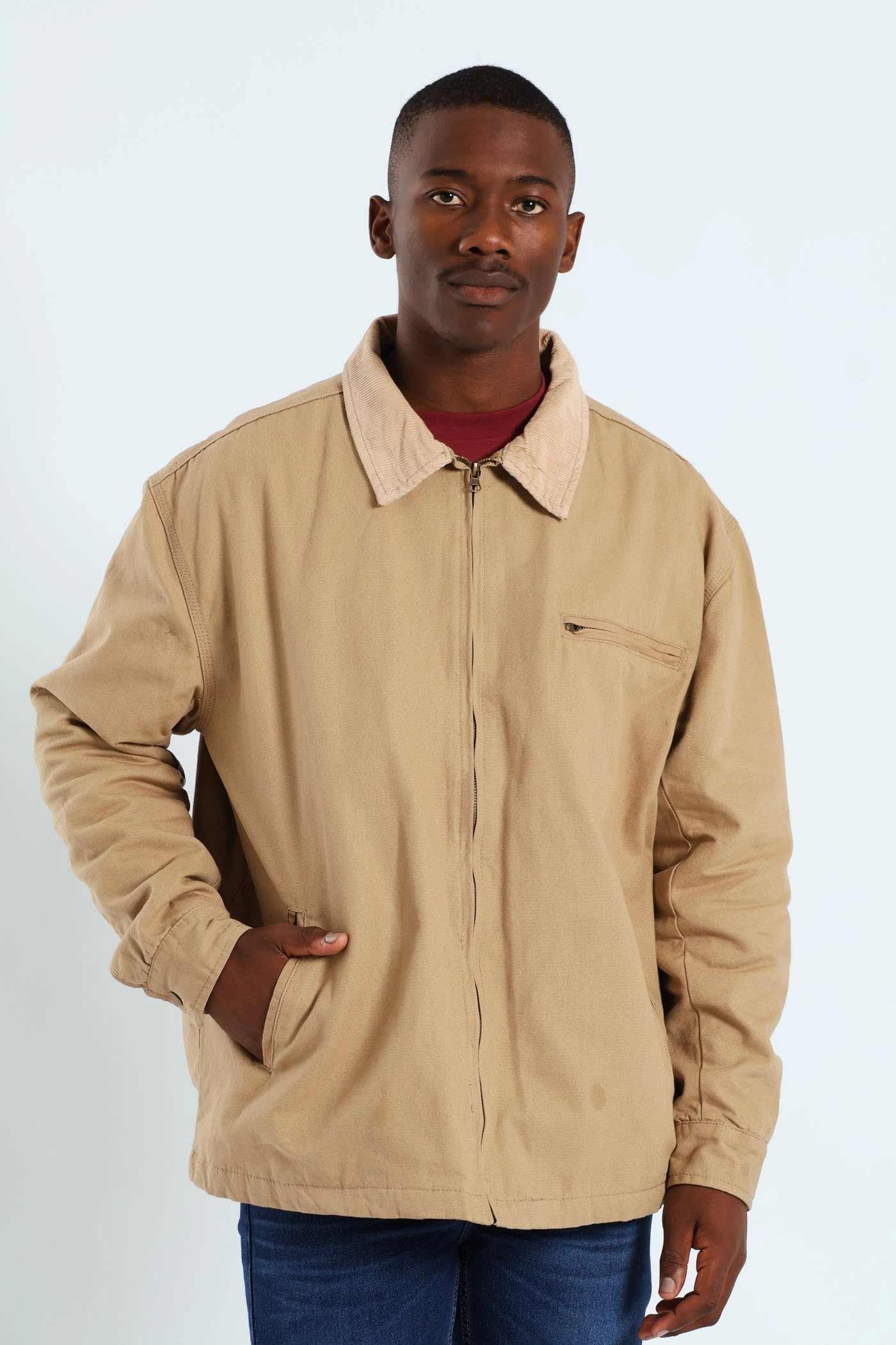 AntiStatic Inner Layer Polished Look Corduroy Collar Worker Jacket - Taupe