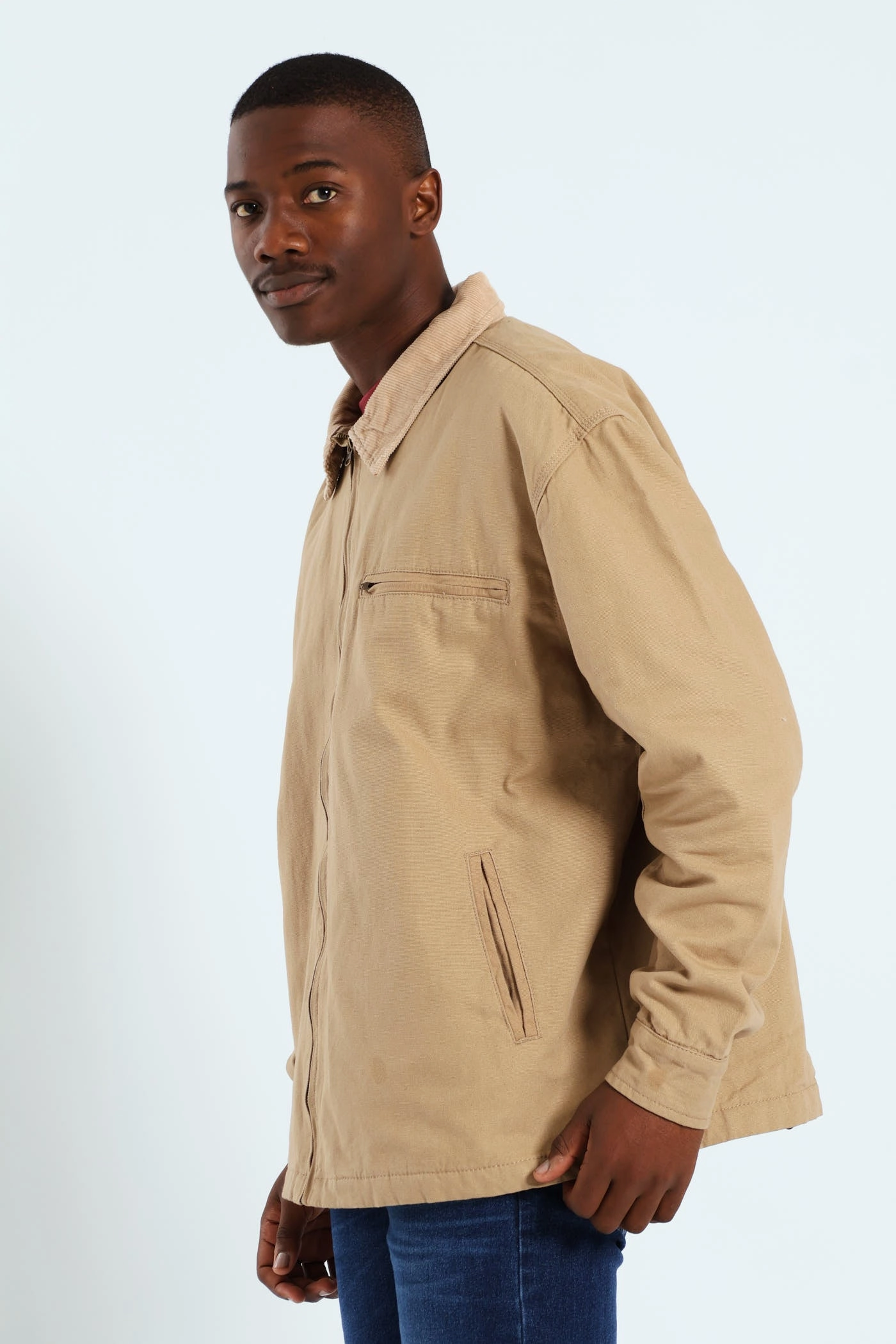 Secure Closure System Cheap Nice Corduroy Collar Worker Jacket - Taupe