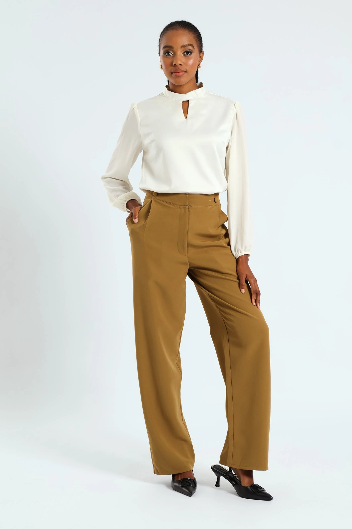 Double Button Wide Leg Pant - Olive Quick Cool