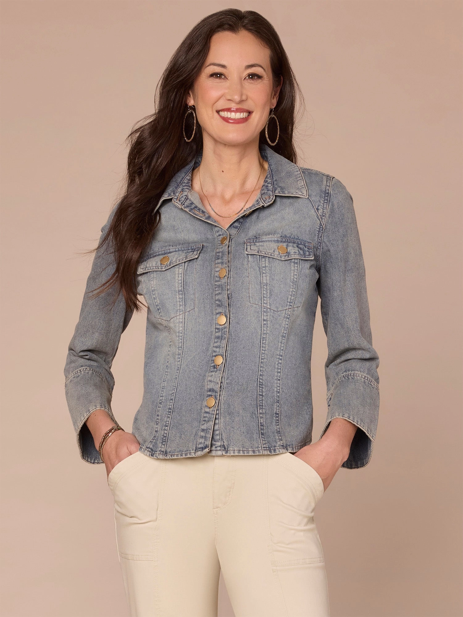 Three Quarter French Cuff Sleeve Button Down Flap Pocket Denim Shirt TapedZippers Easy Fit