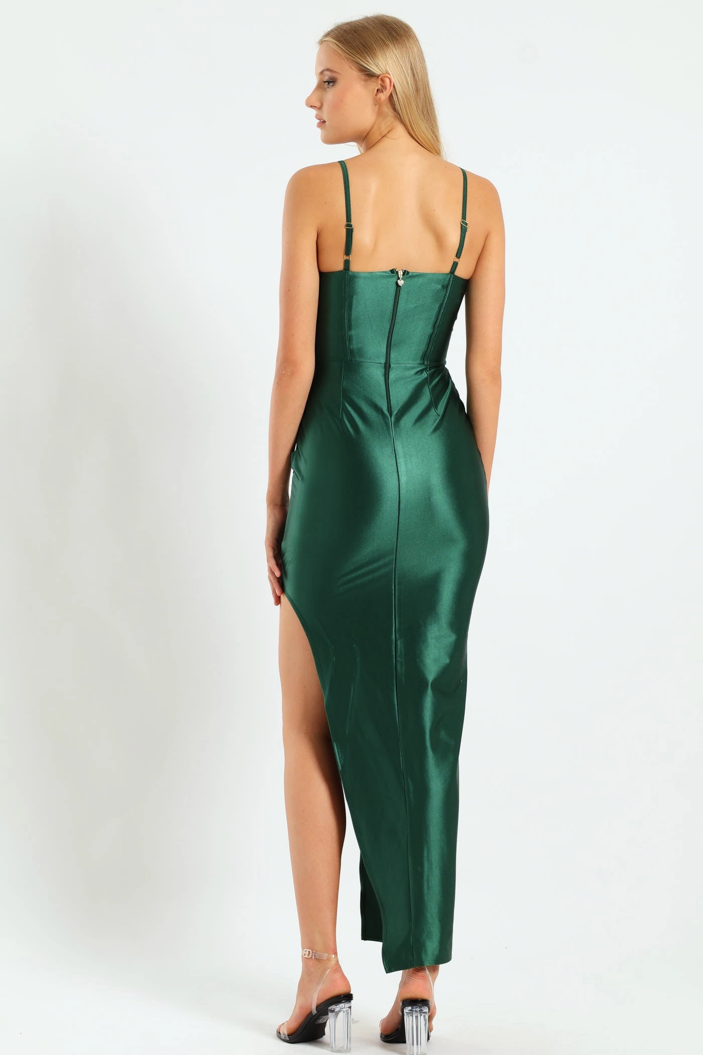 Cozy Flex Contrast-Lining Corset Bodice & Pleated Asymmetrical Maxi Dress - Bottle Green