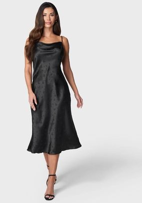 Daily Silhouette Smart and Relaxed Cowl Neck Midi Satin Jacquard Dress