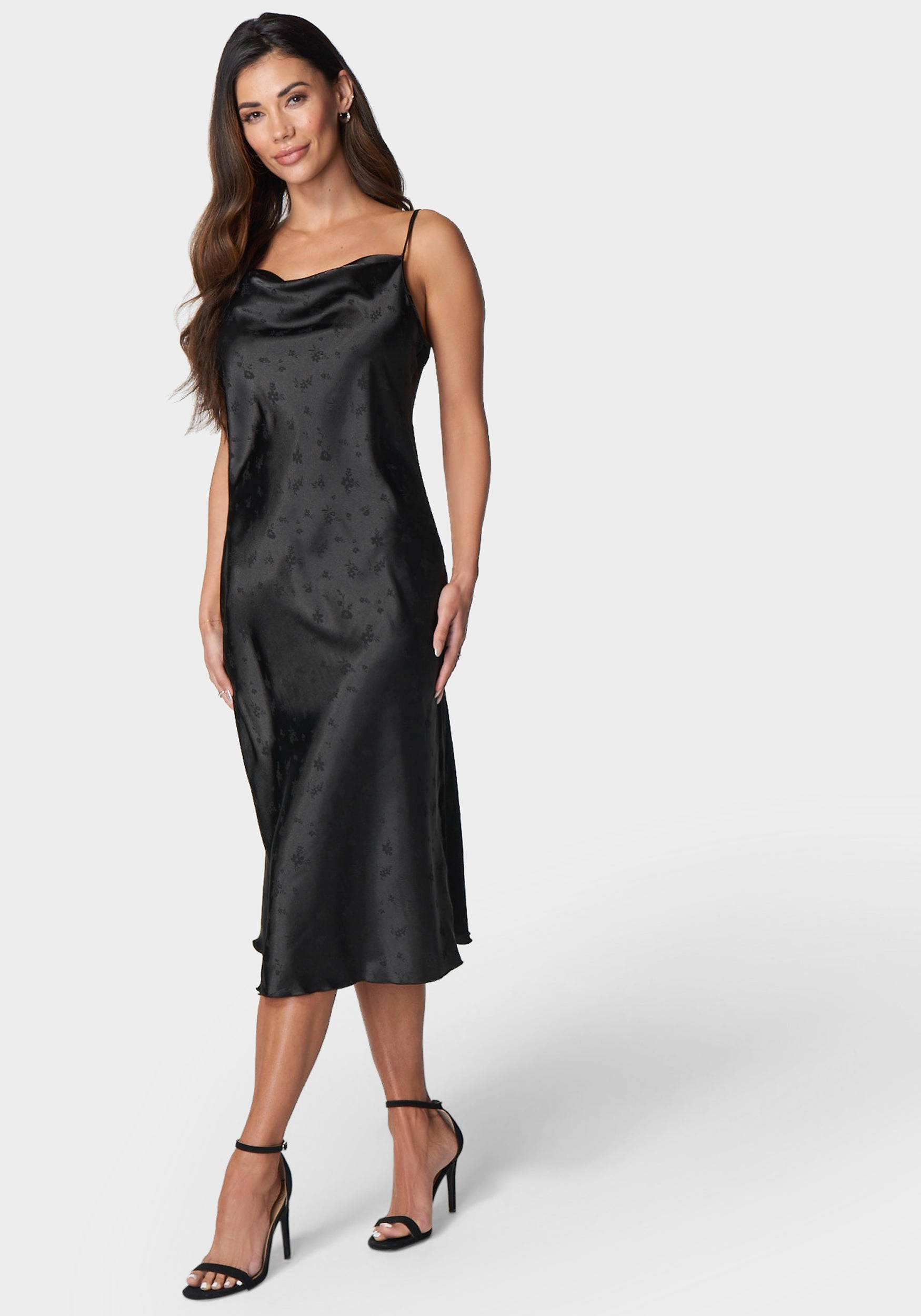 Cowl Neck Midi Satin Jacquard Dress All-season Elegant Cut