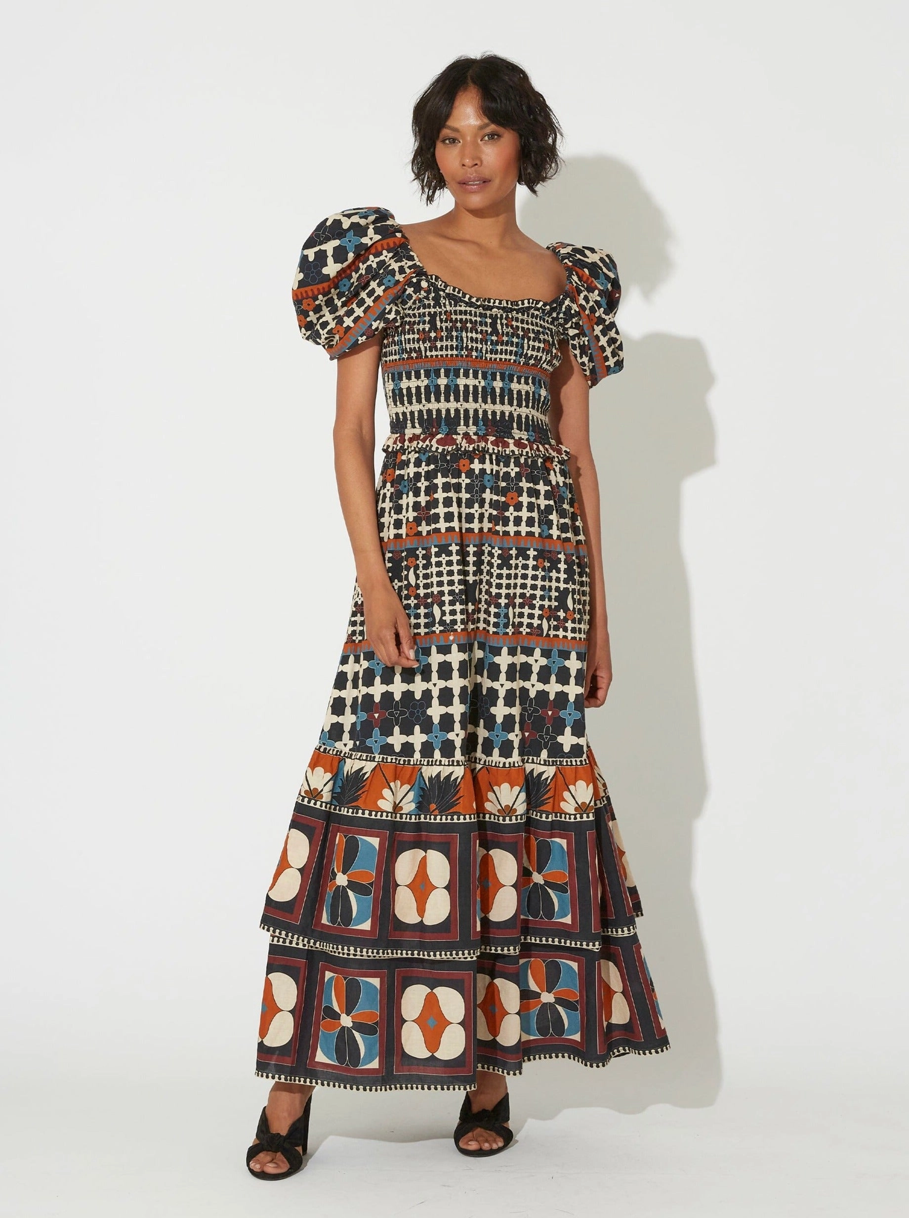 Balloon-Sleeve Subtle Lines Fay Maxi Dress - Deco