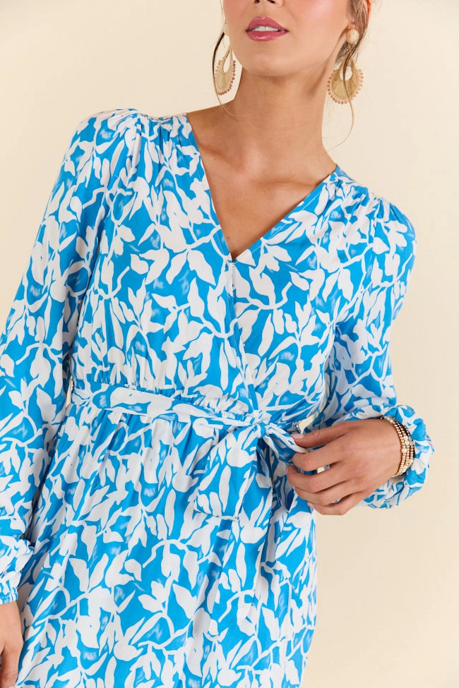 TearResistantFabric Timeless Soft Palmetto Paradise Blue and White Long Sleeve Maxi Dress FINAL SALE