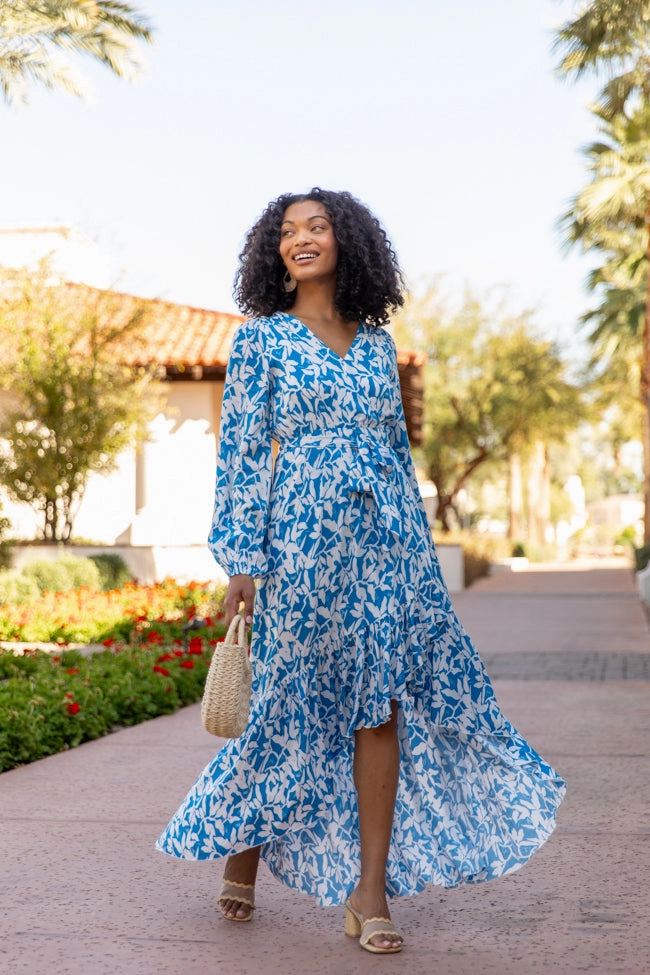 Tall Girl Palmetto Paradise Blue and White Long Sleeve Maxi Dress FINAL SALE