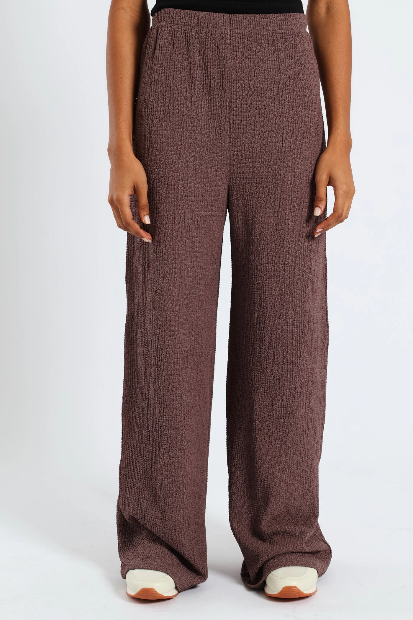 Crinkle Knit Wide Leg Pants - Taupe Light Waist