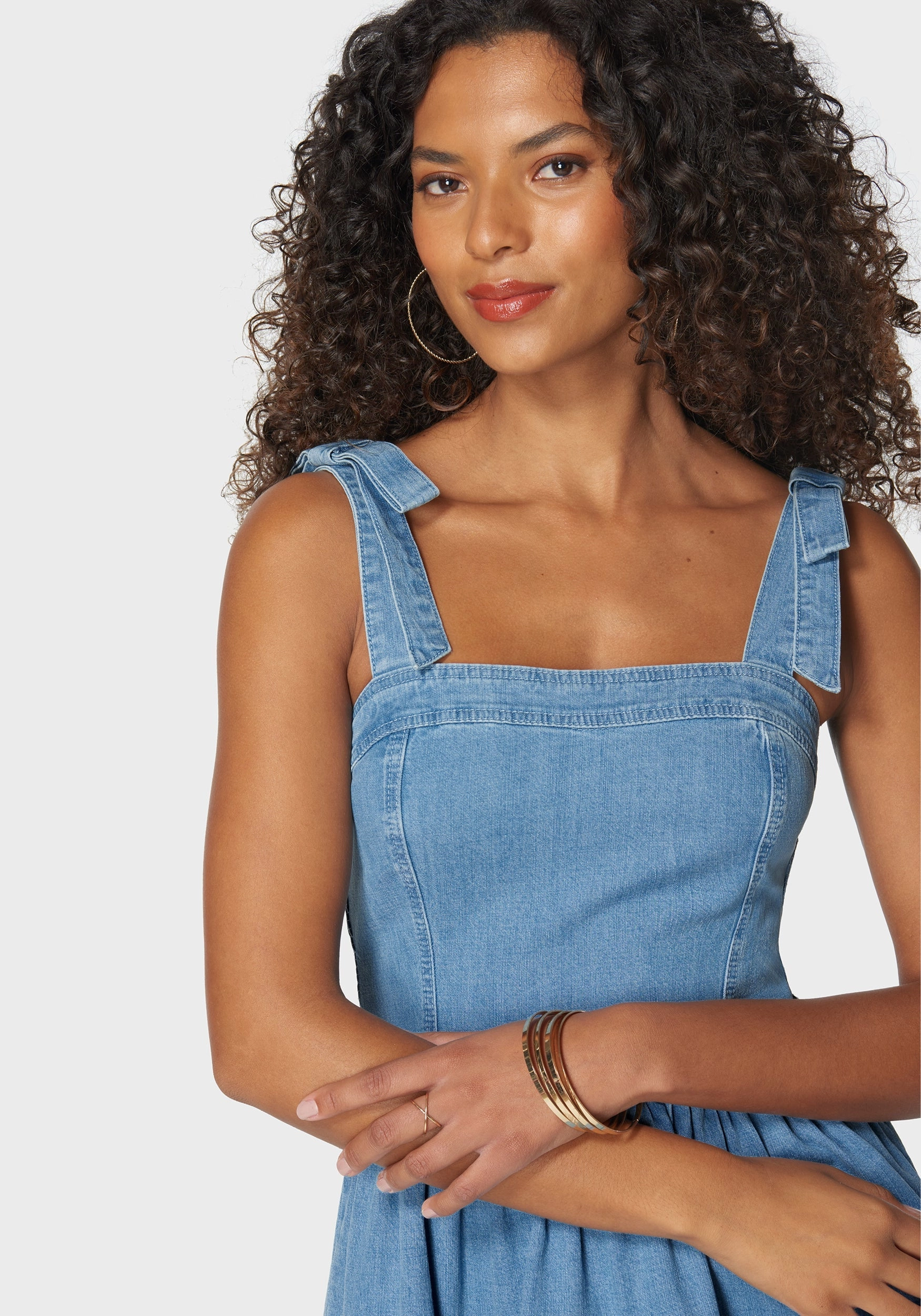 Bow Detail Fit And Flare Denim Dress Loose Flow