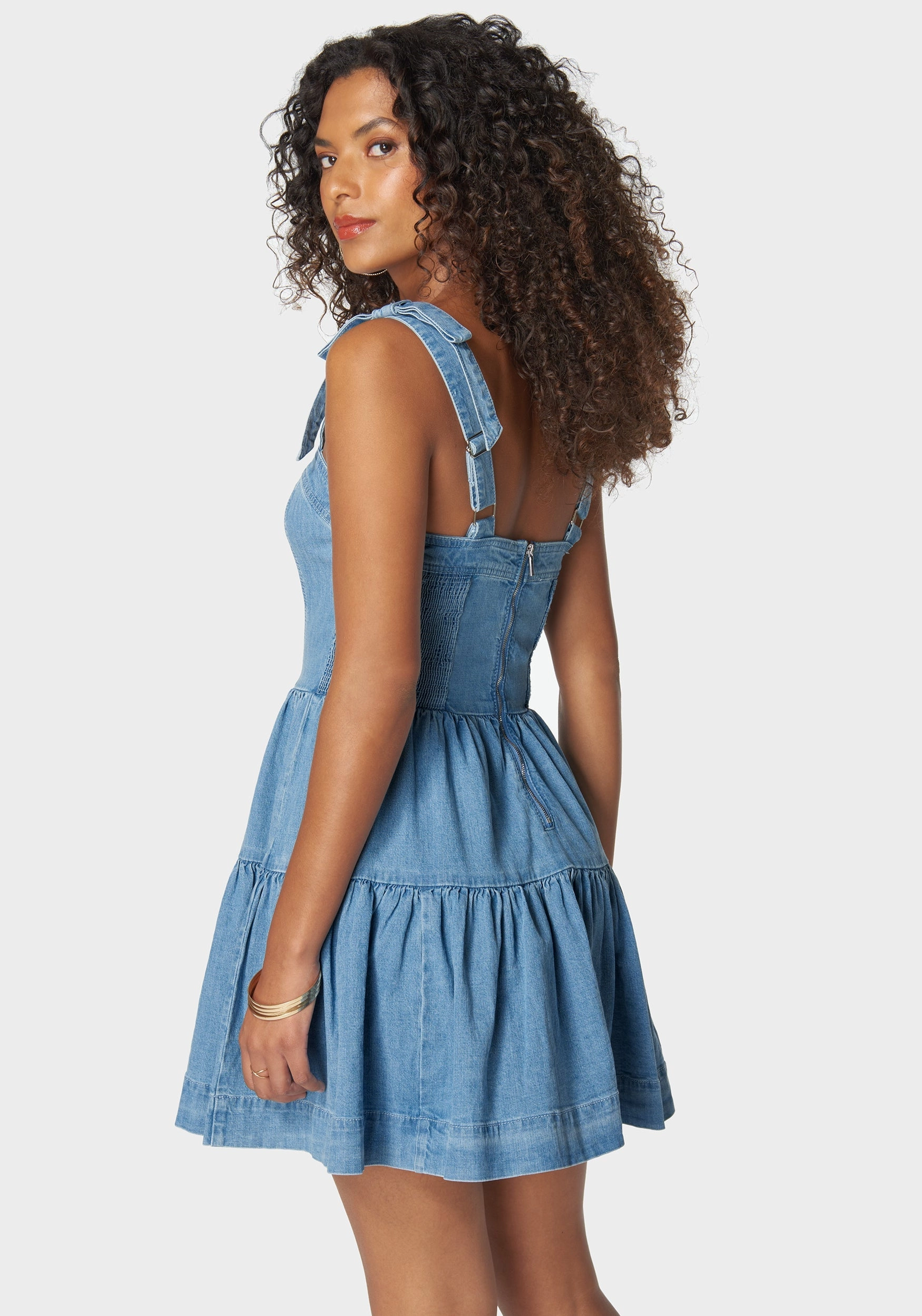 Crisp Texture Bow Detail Fit And Flare Denim Dress