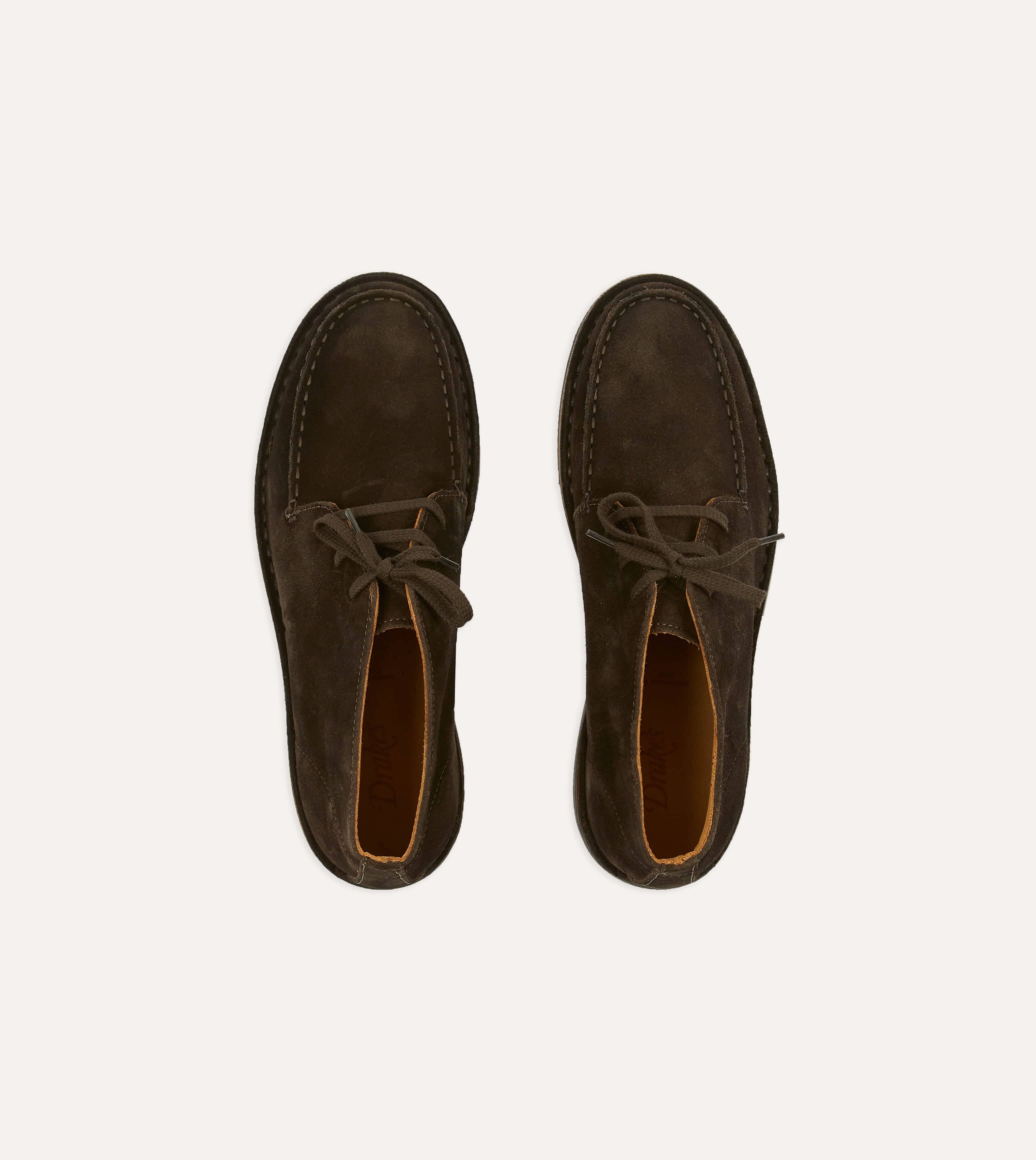 Crosby Moc-Toe Chukka Boot Dark Brown Roughout Suede with Rubber Sole Textured Sole Pattern Edge Shade