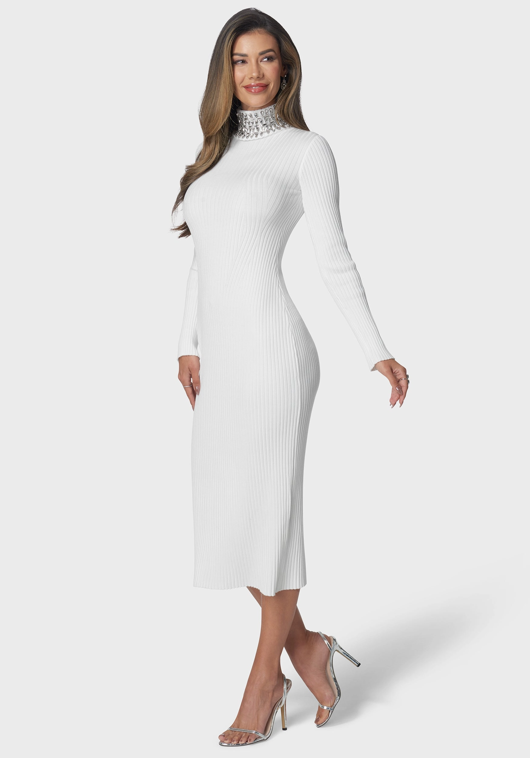 Crystal Neck Midi Sweater Dress Soft Presence Casual Fit