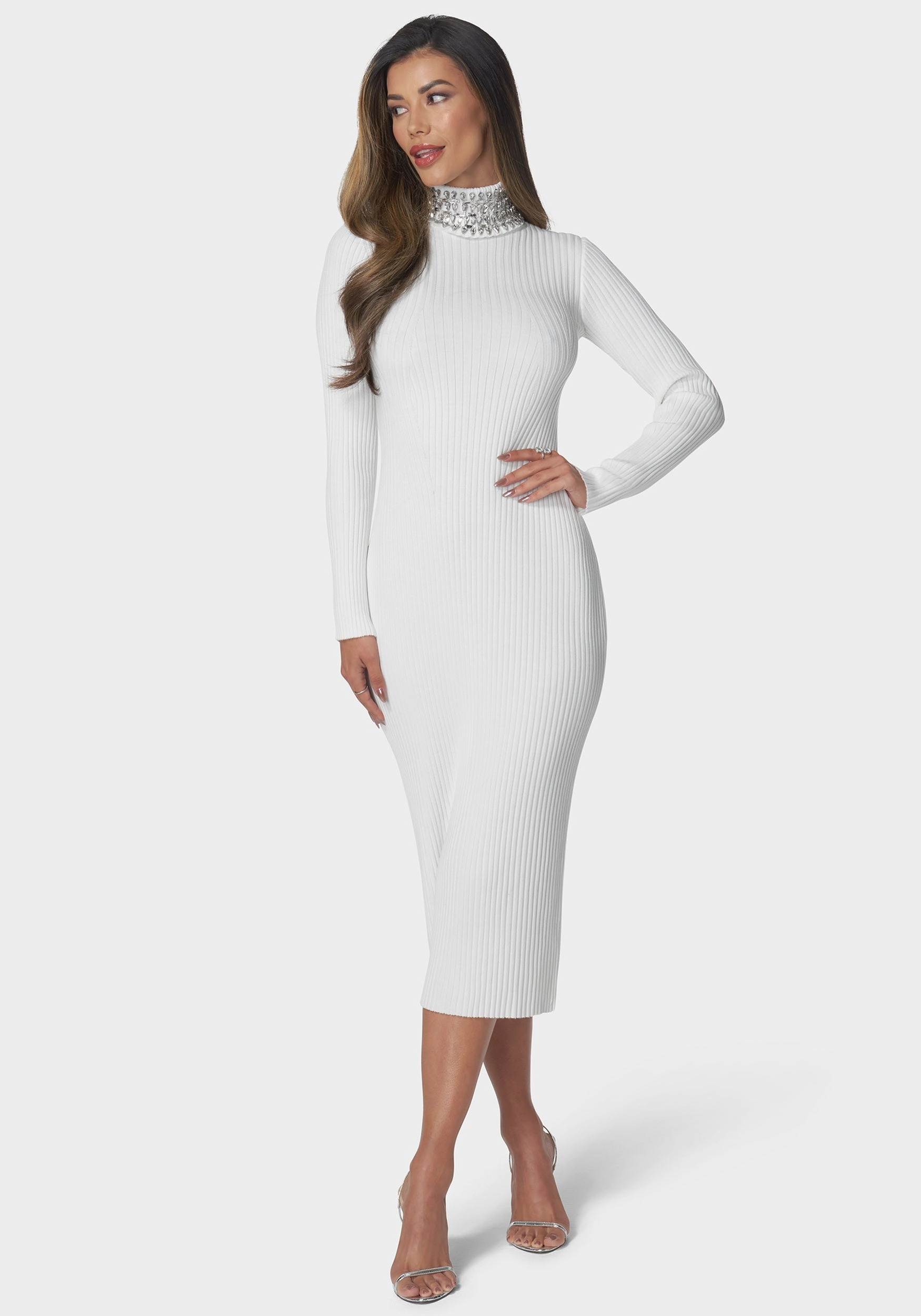 Lace Soft Wide Hemline Crystal Neck Midi Sweater Dress