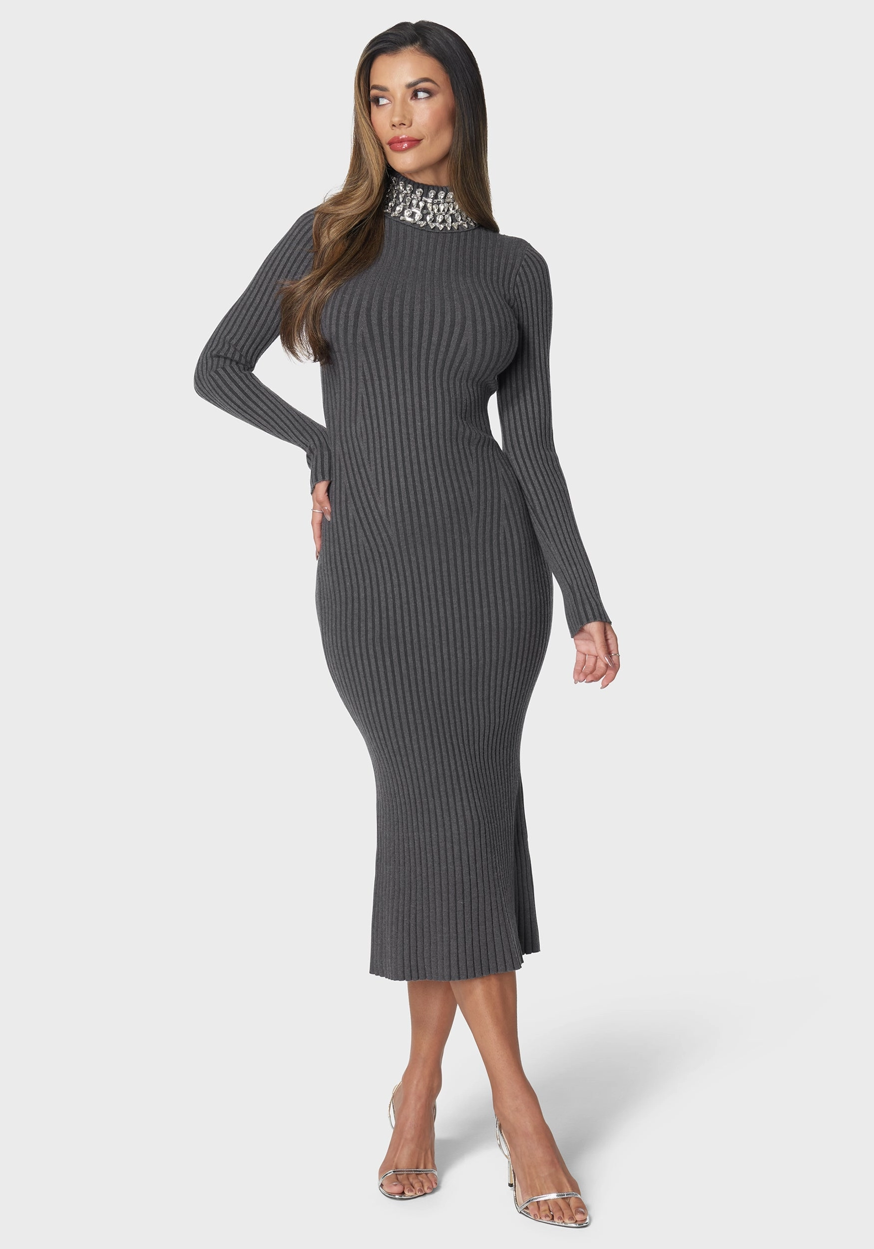 All-Season Comfort Crystal Neck Midi Sweater Dress