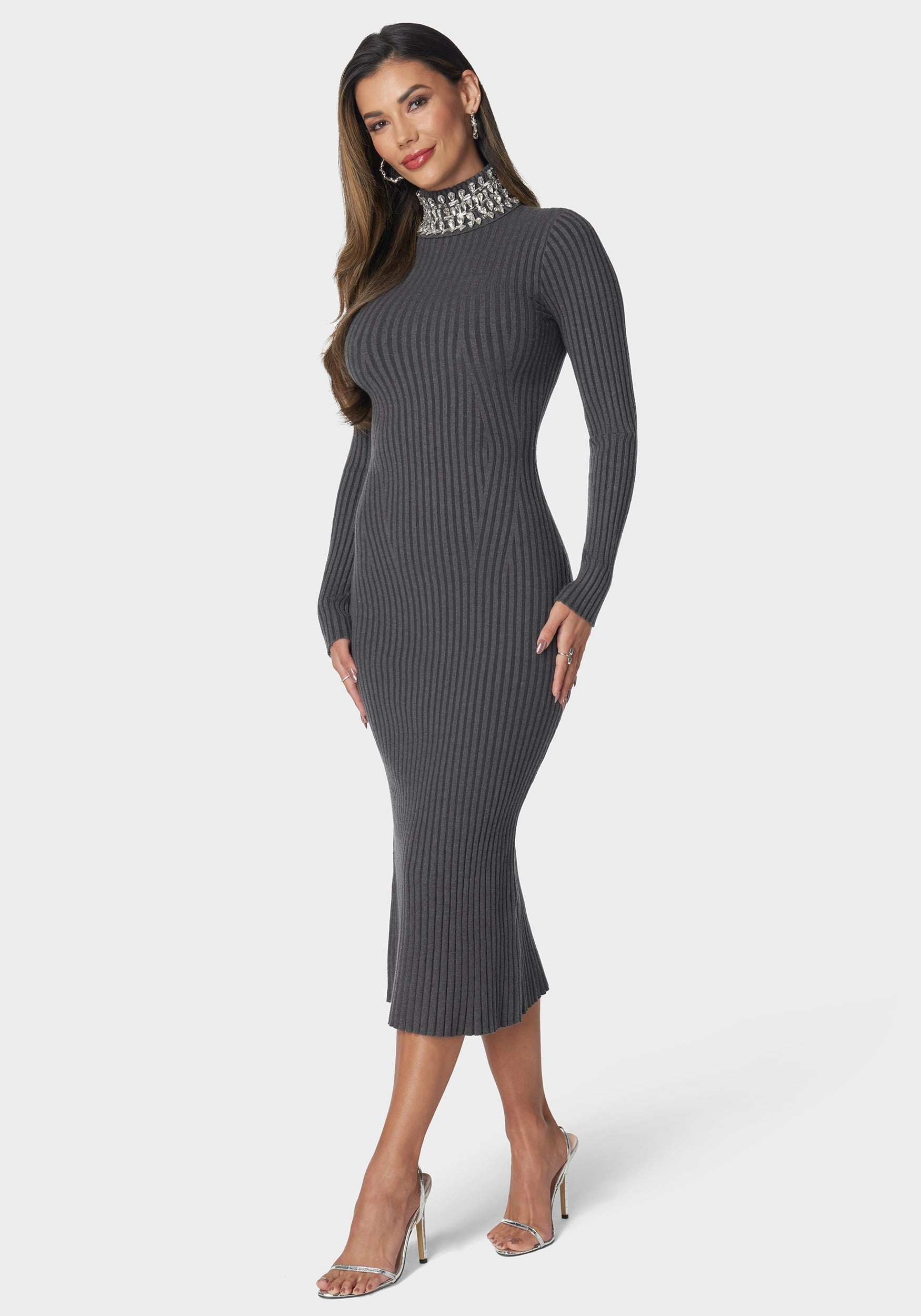 Crystal Neck Midi Sweater Dress Crystal-Detail Gentle Drape