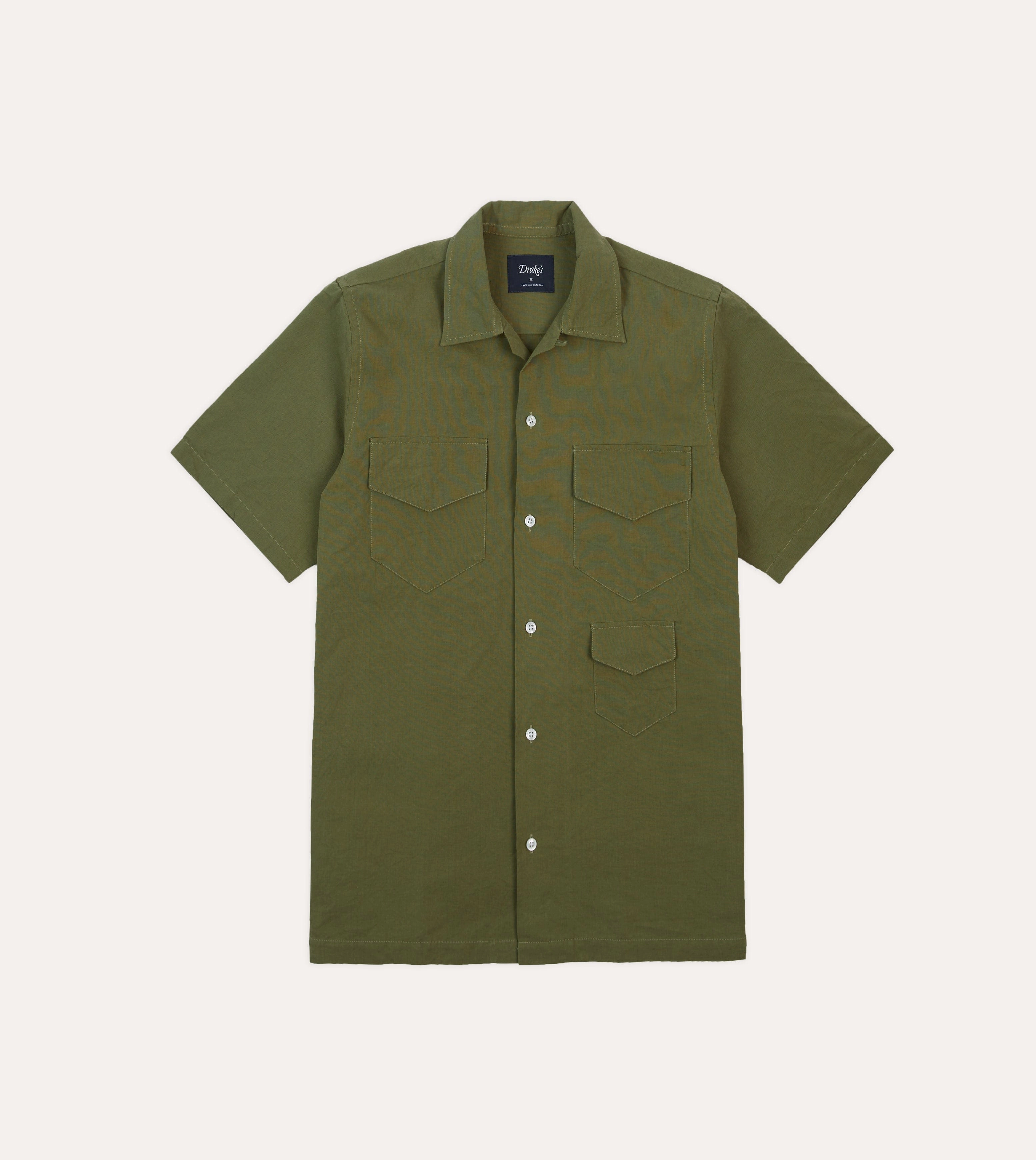 Olive Cotton-Linen Camp Collar Three Pocket Short Sleeve Shirt Premium Pima Cotton