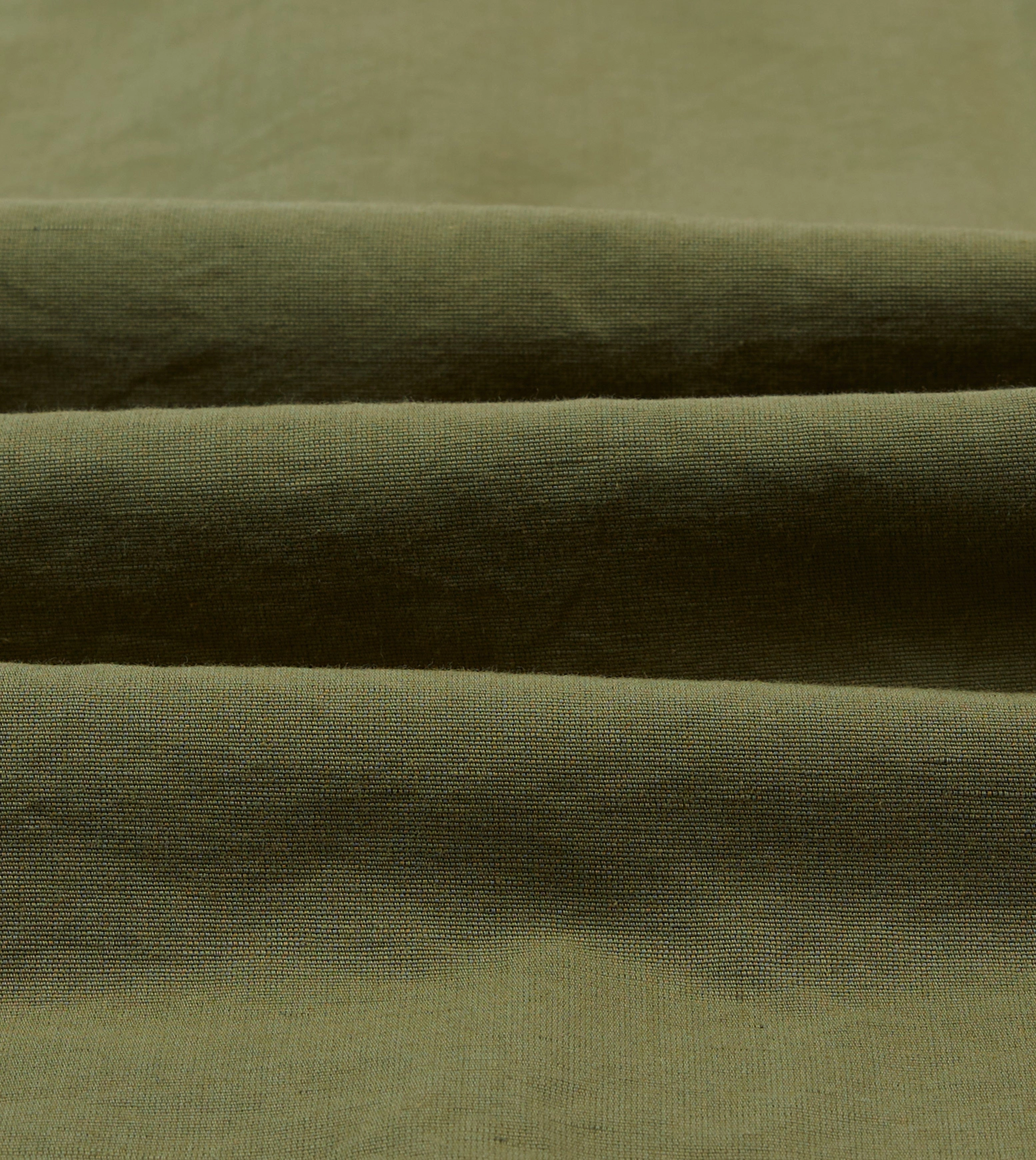 Olive Cotton-Linen Camp Collar Three Pocket Short Sleeve Shirt Embellished Neckline Wrinkle-Resistant