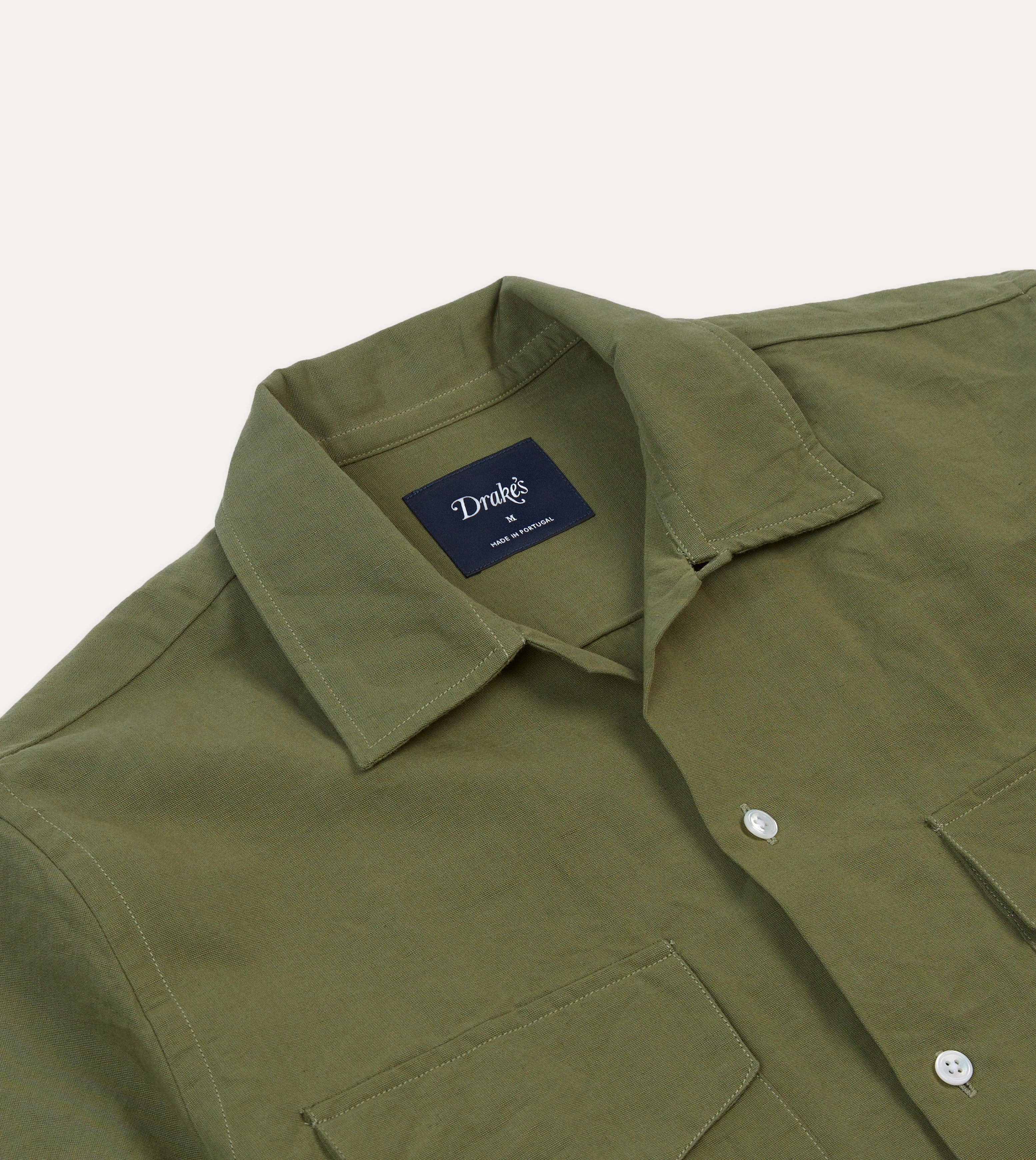Olive Cotton-Linen Camp Collar Three Pocket Short Sleeve Shirt High-End Fabric