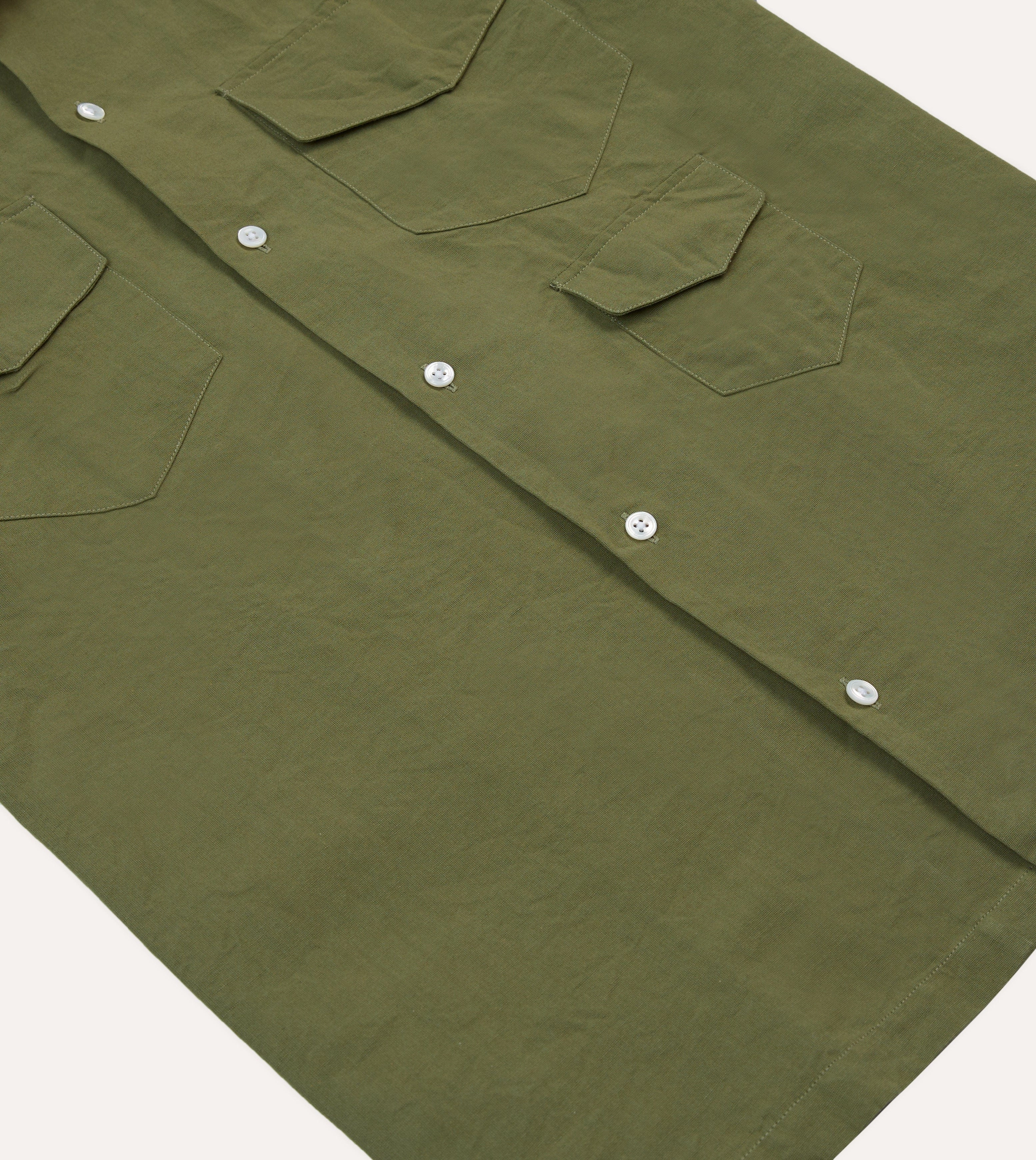 Trendy Apparel Olive Cotton-Linen Camp Collar Three Pocket Short Sleeve Shirt