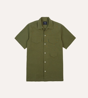 Olive Cotton-Linen Camp Collar Three Pocket Short Sleeve Shirt Premium Pima Cotton