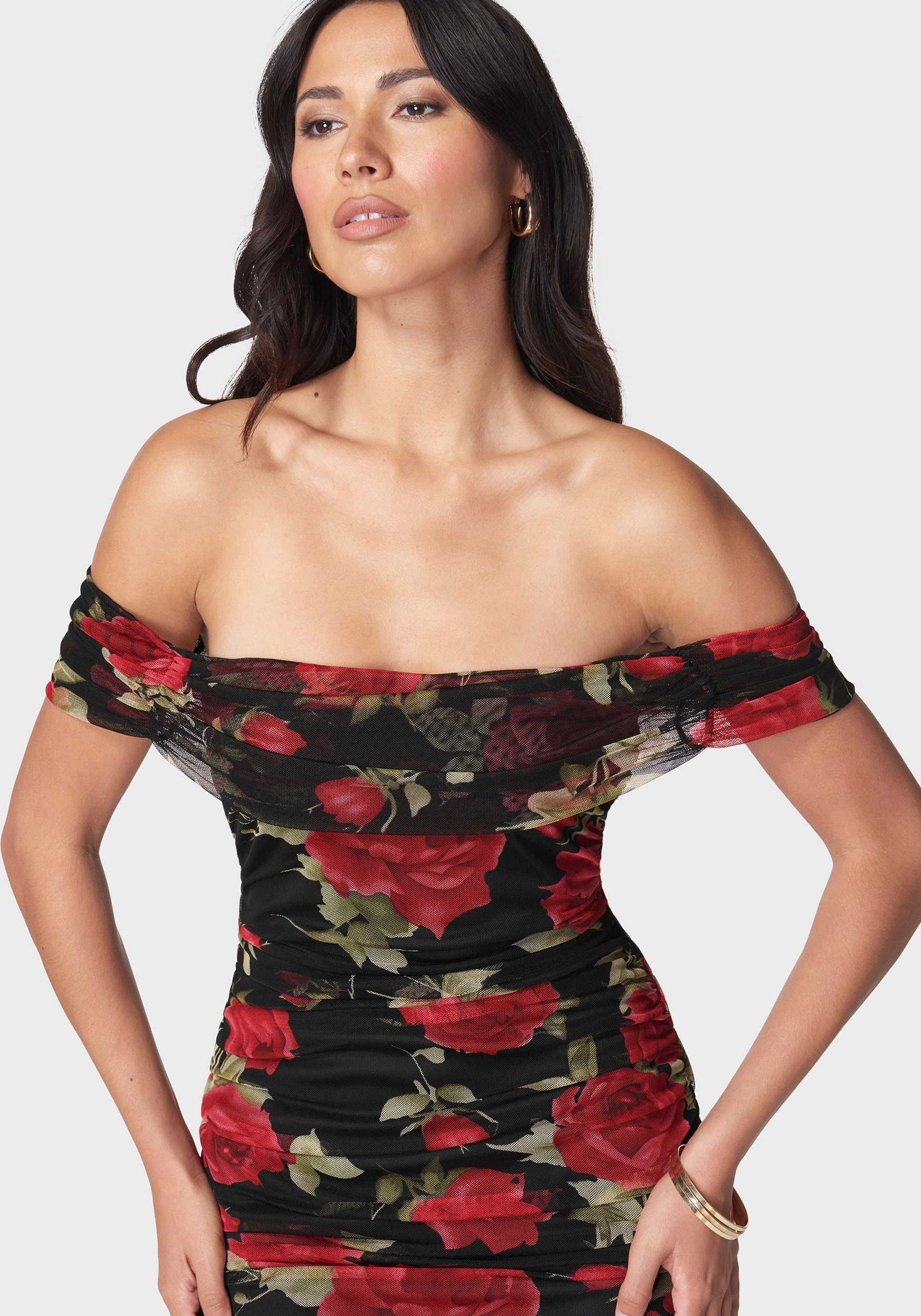 Off Shoulder Mesh Dress Gathered Skirt Basic Shape