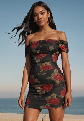 Polished Cut Puff-Sleeve Off Shoulder Mesh Dress