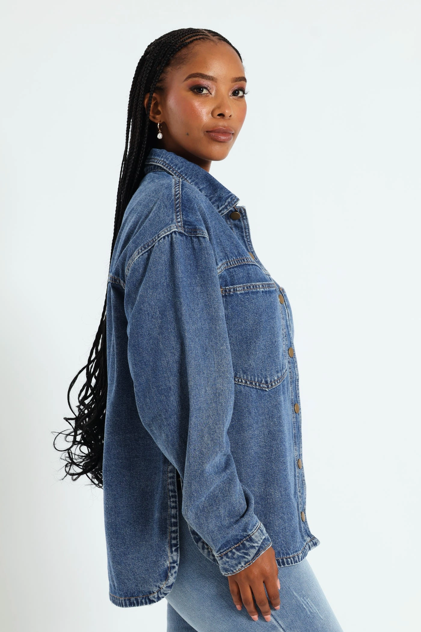 Classic Look Curved Hem Denim Shacket - Dark Wash Ink
