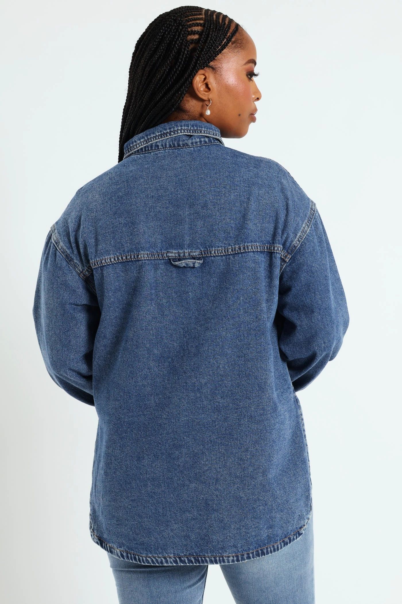 Curved Hem Denim Shacket - Dark Wash Ink Neutral Street Style